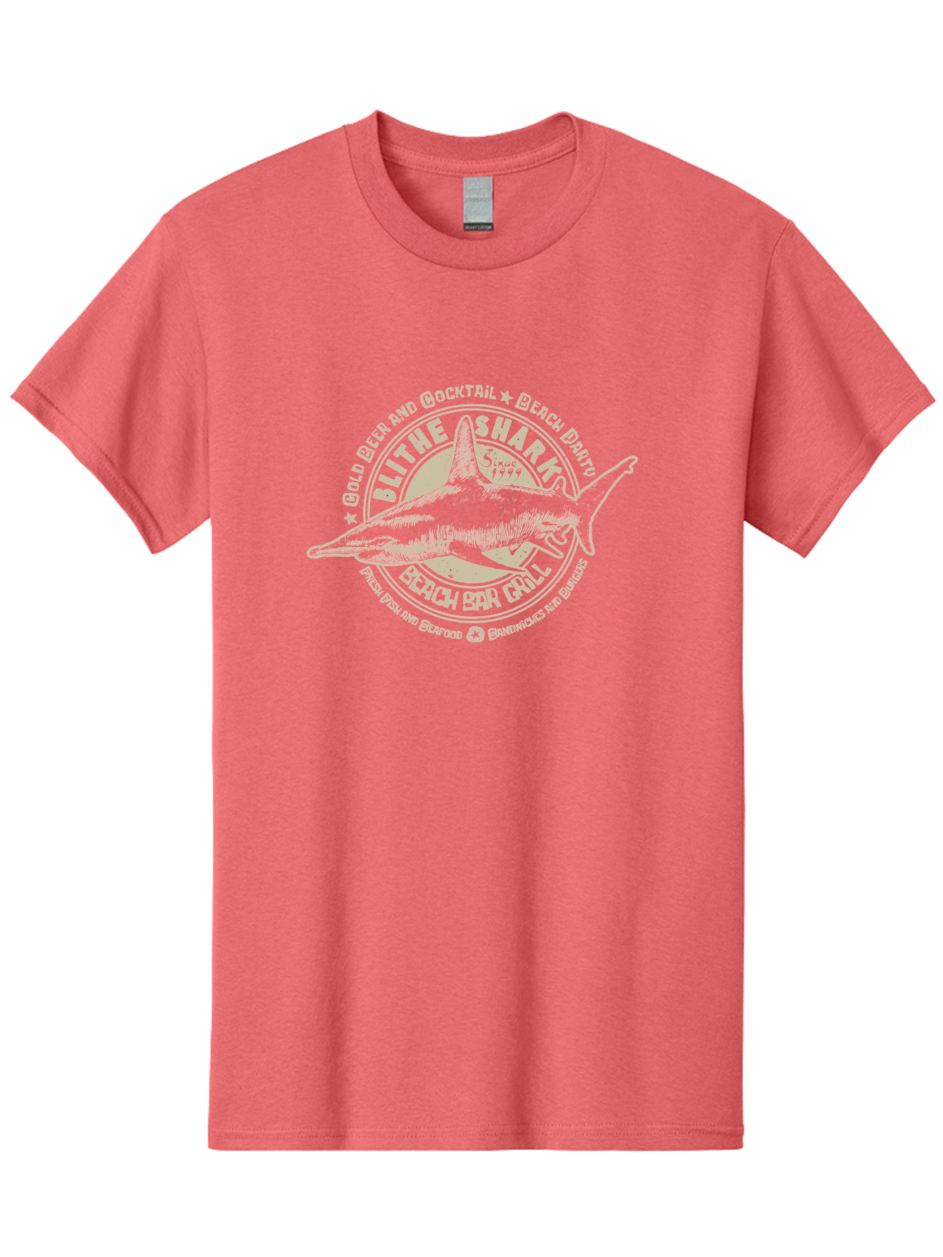 Blithe-Shark Men'S Graphic Tee, 100% Cotton, Comfortable Casual Summer Wear, Machine Washable, Beach Bar Grill, Seafood Restaurant, Cold Beer, Cocktails, Beach Party, Fresh Fish, Sandwiches, Burgers, Casual Dining, Blithe Shark, Beach Food Aab966