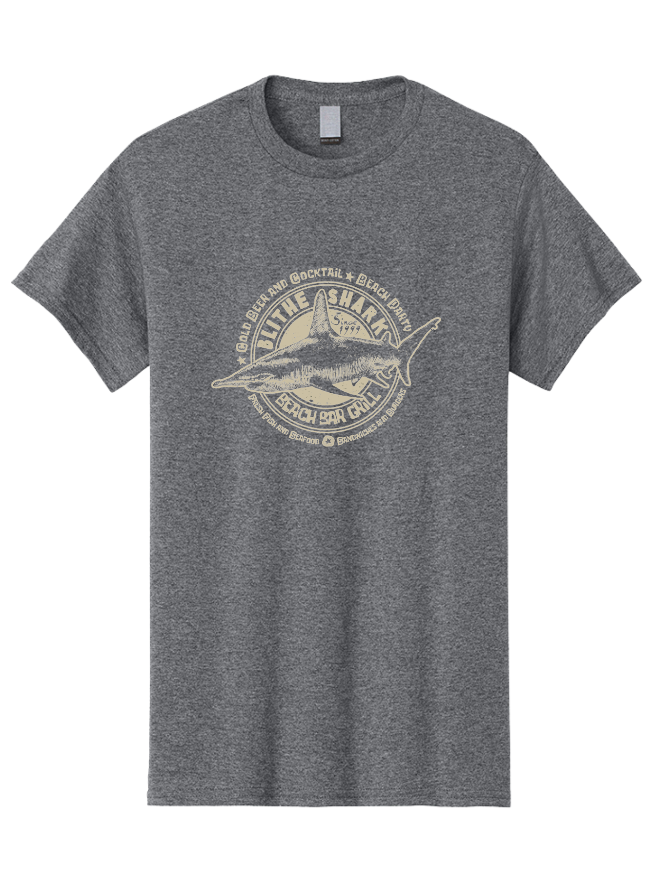 Blithe-Shark Men'S Graphic Tee, 100% Cotton, Comfortable Casual Summer Wear, Machine Washable, Beach Bar Grill, Seafood Restaurant, Cold Beer, Cocktails, Beach Party, Fresh Fish, Sandwiches, Burgers, Casual Dining, Blithe Shark, Beach Food Aab966
