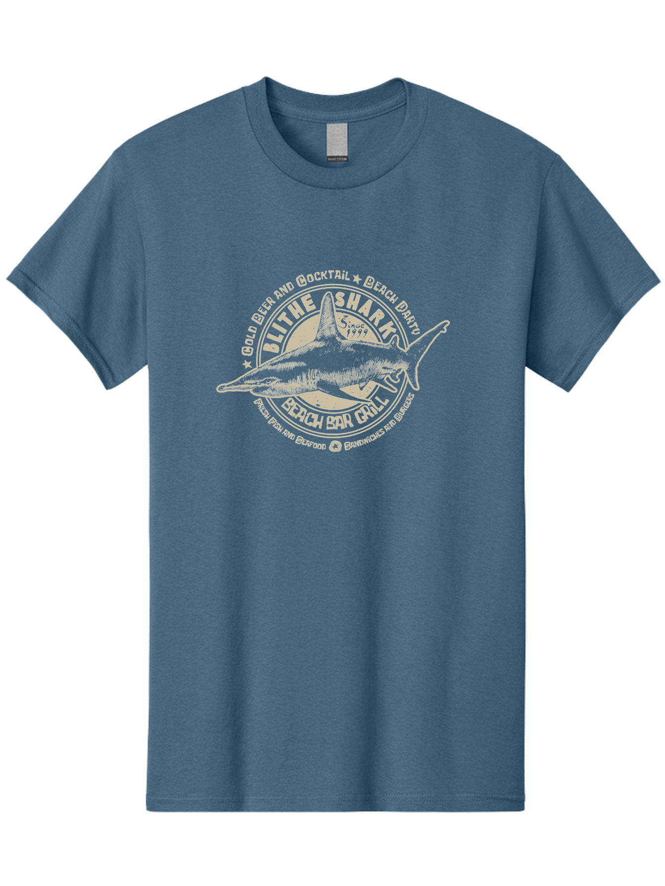 Blithe-Shark Men'S Graphic Tee, 100% Cotton, Comfortable Casual Summer Wear, Machine Washable, Beach Bar Grill, Seafood Restaurant, Cold Beer, Cocktails, Beach Party, Fresh Fish, Sandwiches, Burgers, Casual Dining, Blithe Shark, Beach Food Aab966