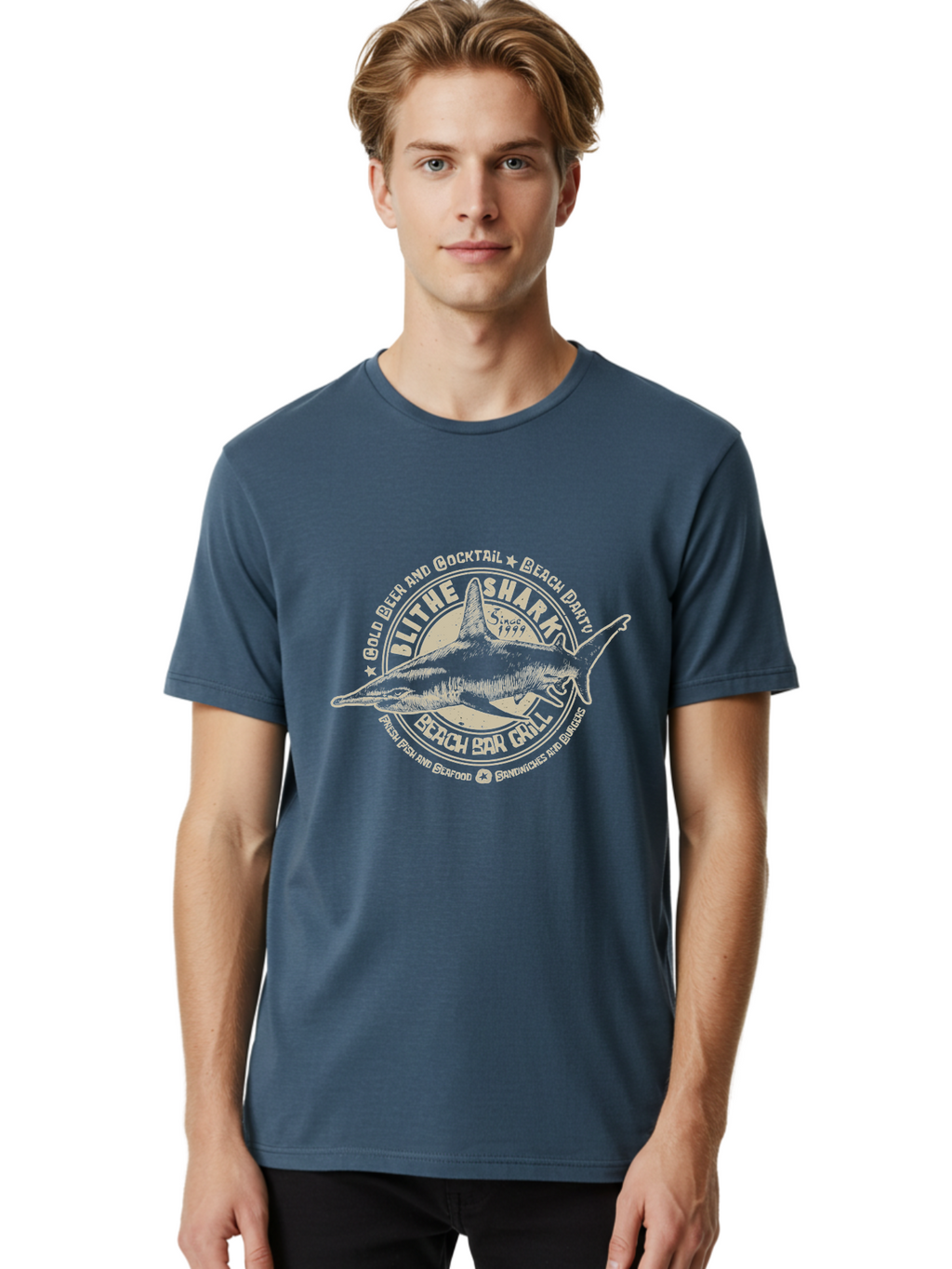 Blithe-Shark Men'S Graphic Tee, 100% Cotton, Comfortable Casual Summer Wear, Machine Washable, Beach Bar Grill, Seafood Restaurant, Cold Beer, Cocktails, Beach Party, Fresh Fish, Sandwiches, Burgers, Casual Dining, Blithe Shark, Beach Food Aab966