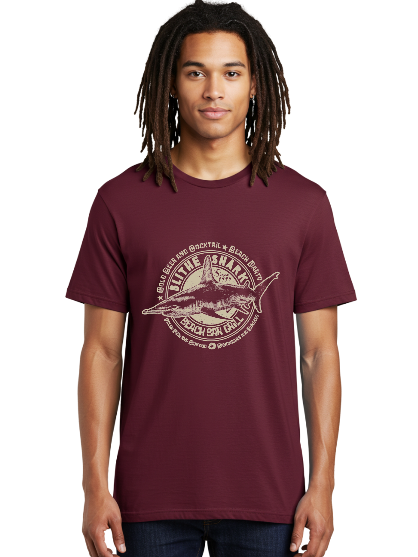 Blithe-Shark Men'S Graphic Tee, 100% Cotton, Comfortable Casual Summer Wear, Machine Washable, Beach Bar Grill, Seafood Restaurant, Cold Beer, Cocktails, Beach Party, Fresh Fish, Sandwiches, Burgers, Casual Dining, Blithe Shark, Beach Food Aab966