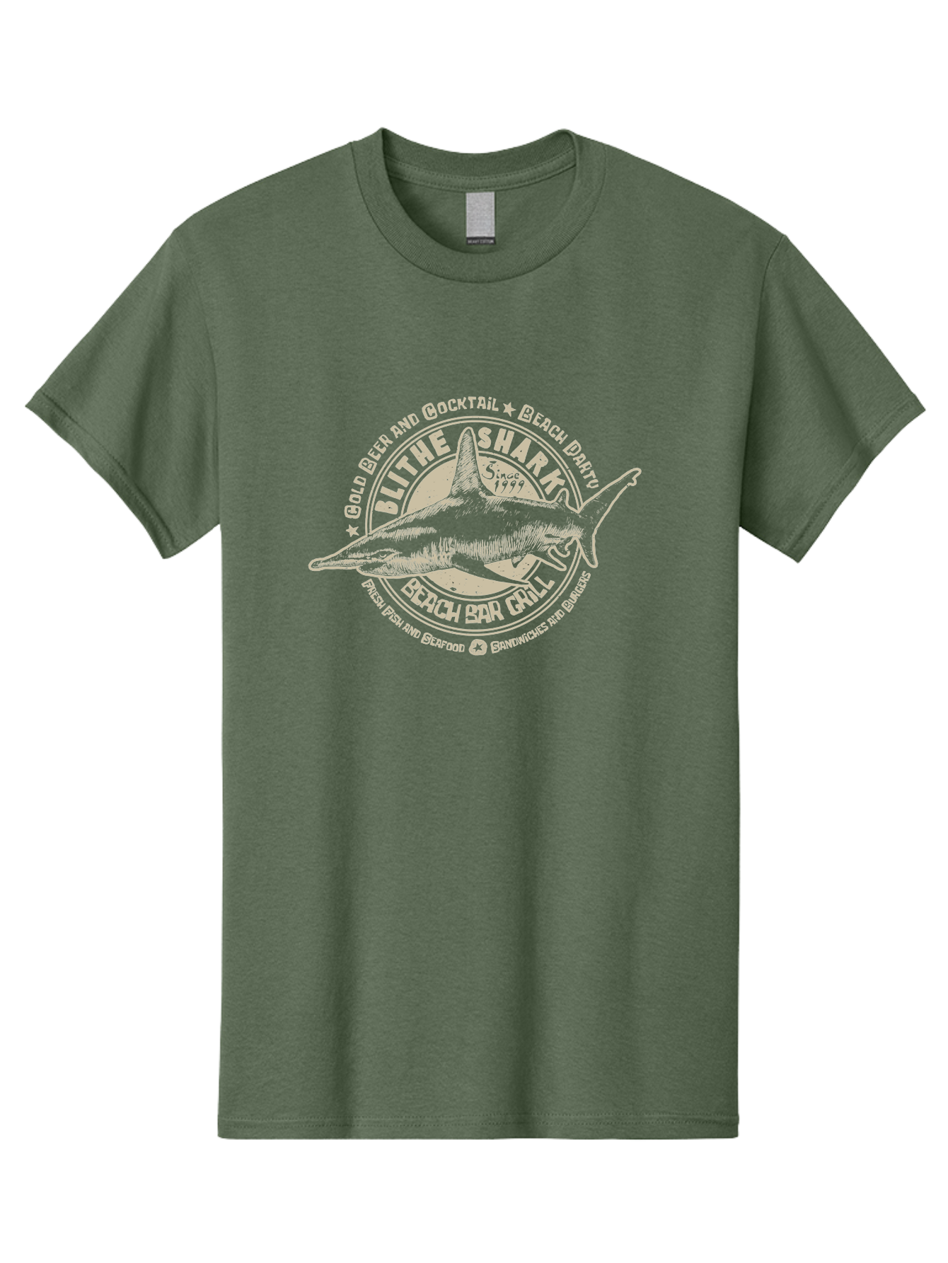 Blithe-Shark Men'S Graphic Tee, 100% Cotton, Comfortable Casual Summer Wear, Machine Washable, Beach Bar Grill, Seafood Restaurant, Cold Beer, Cocktails, Beach Party, Fresh Fish, Sandwiches, Burgers, Casual Dining, Blithe Shark, Beach Food Aab966