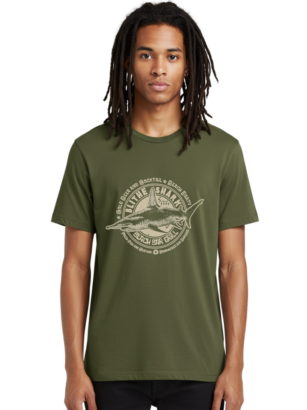 Blithe-Shark Men'S Graphic Tee, 100% Cotton, Comfortable Casual Summer Wear, Machine Washable, Beach Bar Grill, Seafood Restaurant, Cold Beer, Cocktails, Beach Party, Fresh Fish, Sandwiches, Burgers, Casual Dining, Blithe Shark, Beach Food Aab966