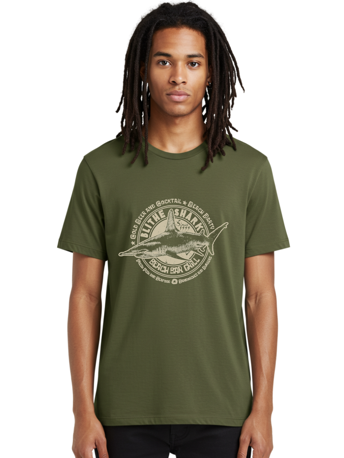 Blithe-Shark Men'S Graphic Tee, 100% Cotton, Comfortable Casual Summer Wear, Machine Washable, Beach Bar Grill, Seafood Restaurant, Cold Beer, Cocktails, Beach Party, Fresh Fish, Sandwiches, Burgers, Casual Dining, Blithe Shark, Beach Food Aab966