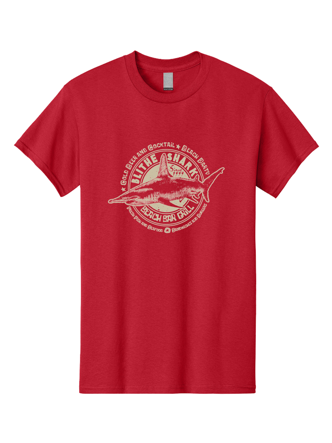 Blithe-Shark Men'S Graphic Tee, 100% Cotton, Comfortable Casual Summer Wear, Machine Washable, Beach Bar Grill, Seafood Restaurant, Cold Beer, Cocktails, Beach Party, Fresh Fish, Sandwiches, Burgers, Casual Dining, Blithe Shark, Beach Food Aab966
