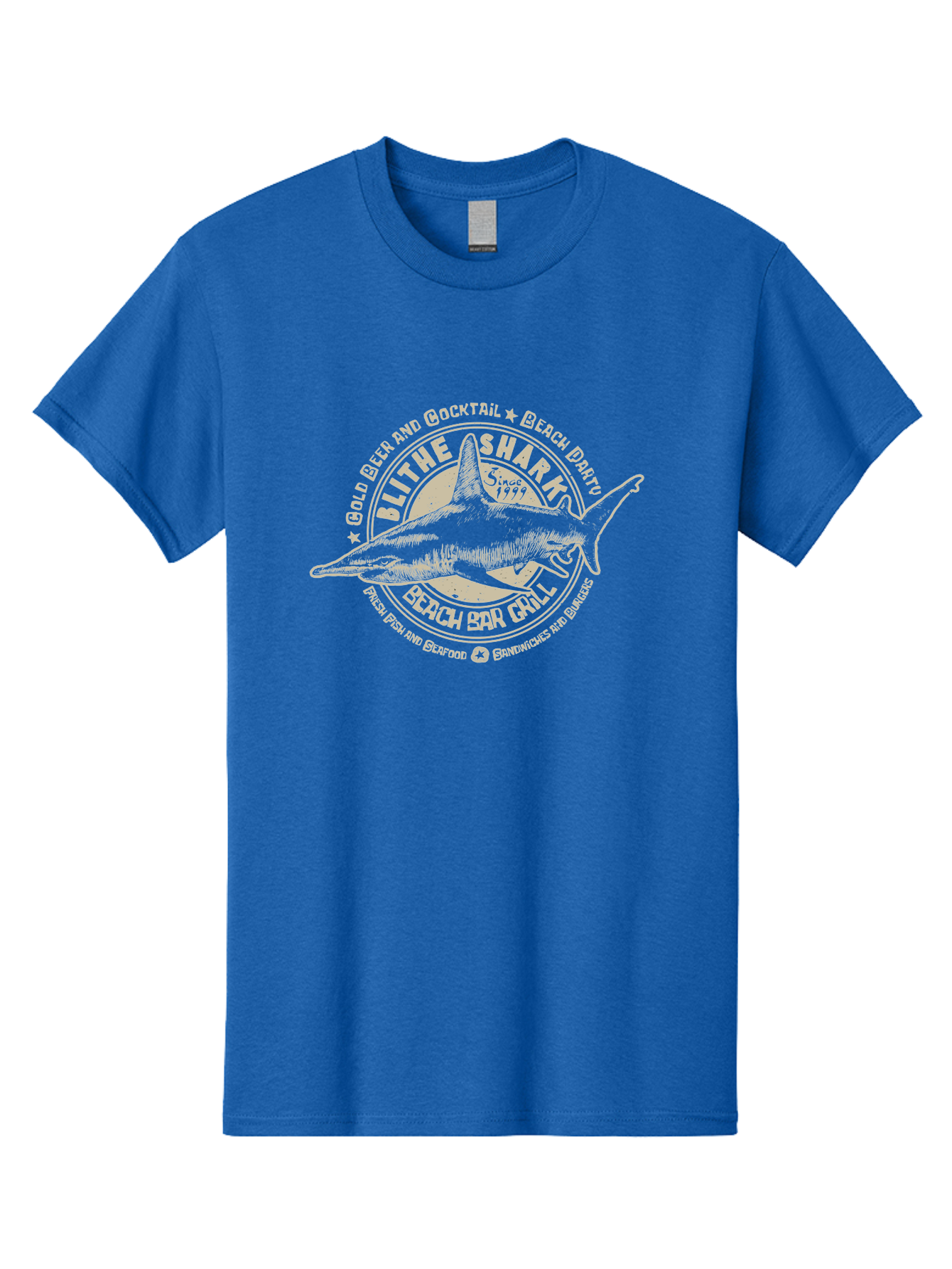 Blithe-Shark Men'S Graphic Tee, 100% Cotton, Comfortable Casual Summer Wear, Machine Washable, Beach Bar Grill, Seafood Restaurant, Cold Beer, Cocktails, Beach Party, Fresh Fish, Sandwiches, Burgers, Casual Dining, Blithe Shark, Beach Food Aab966