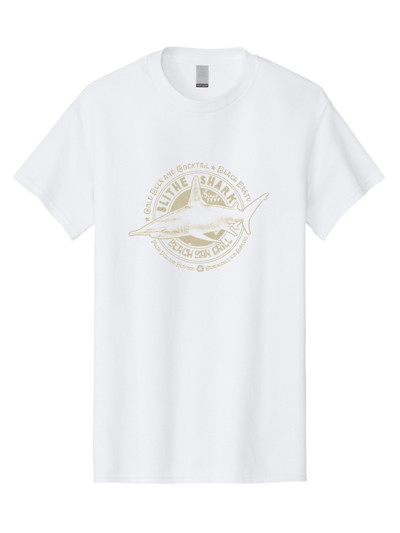 Blithe-Shark Men'S Graphic Tee, 100% Cotton, Comfortable Casual Summer Wear, Machine Washable, Beach Bar Grill, Seafood Restaurant, Cold Beer, Cocktails, Beach Party, Fresh Fish, Sandwiches, Burgers, Casual Dining, Blithe Shark, Beach Food Aab966