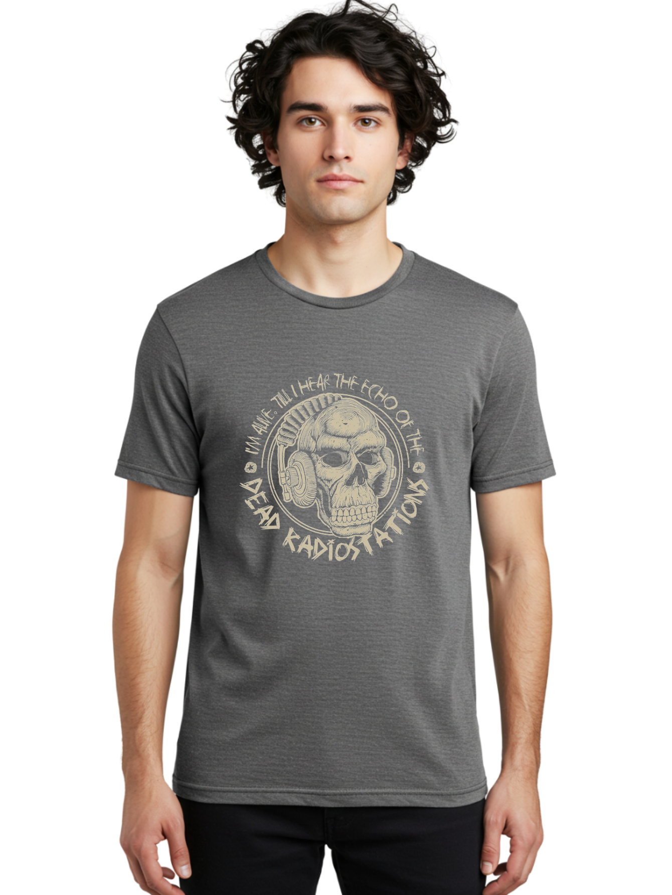 Dead-Radiostations Men'S Graphic Tee, 100% Cotton, Comfortable Casual Summer Wear, Machine Washable, Skull Wearing Headphones, Dead Radio Stations, Music Lover, Grunge Style, Monochromatic Art, Edgy Illustration, Dark Aesthetic, Aab967