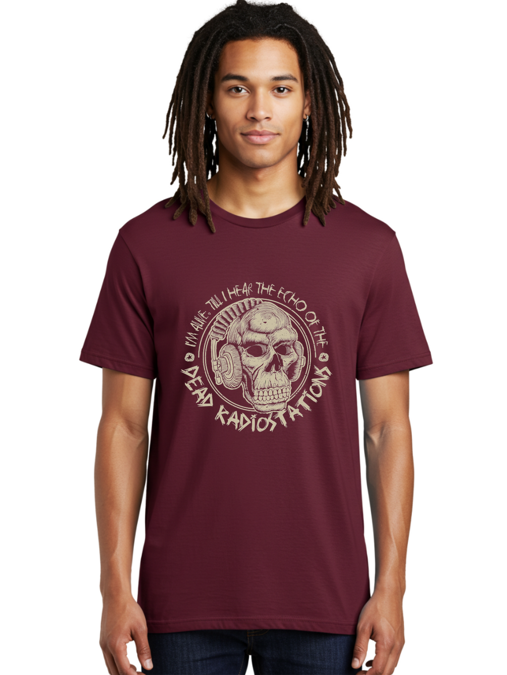 Dead-Radiostations Men'S Graphic Tee, 100% Cotton, Comfortable Casual Summer Wear, Machine Washable, Skull Wearing Headphones, Dead Radio Stations, Music Lover, Grunge Style, Monochromatic Art, Edgy Illustration, Dark Aesthetic, Aab967