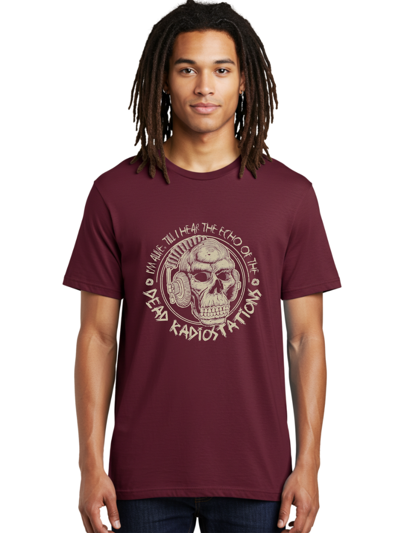 Dead-Radiostations Men'S Graphic Tee, 100% Cotton, Comfortable Casual Summer Wear, Machine Washable, Skull Wearing Headphones, Dead Radio Stations, Music Lover, Grunge Style, Monochromatic Art, Edgy Illustration, Dark Aesthetic, Aab967