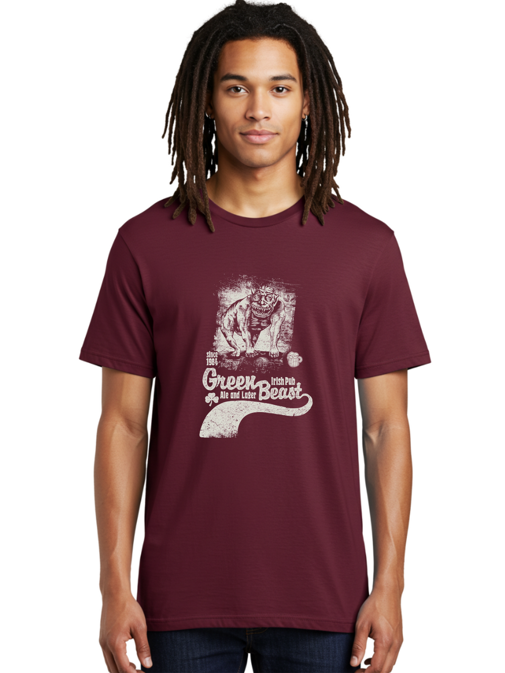 Green-Beast-Irish-Pub Men'S Graphic Tee, 100% Cotton, Comfortable Casual Summer Wear, Machine Washable, Irish Pub, Monster Drawing, Ale And Lager, Beer Mug, Since 1984, Four-Leaf Clover, Bar Signage, Pub Decor, Irish Heritage Aab969