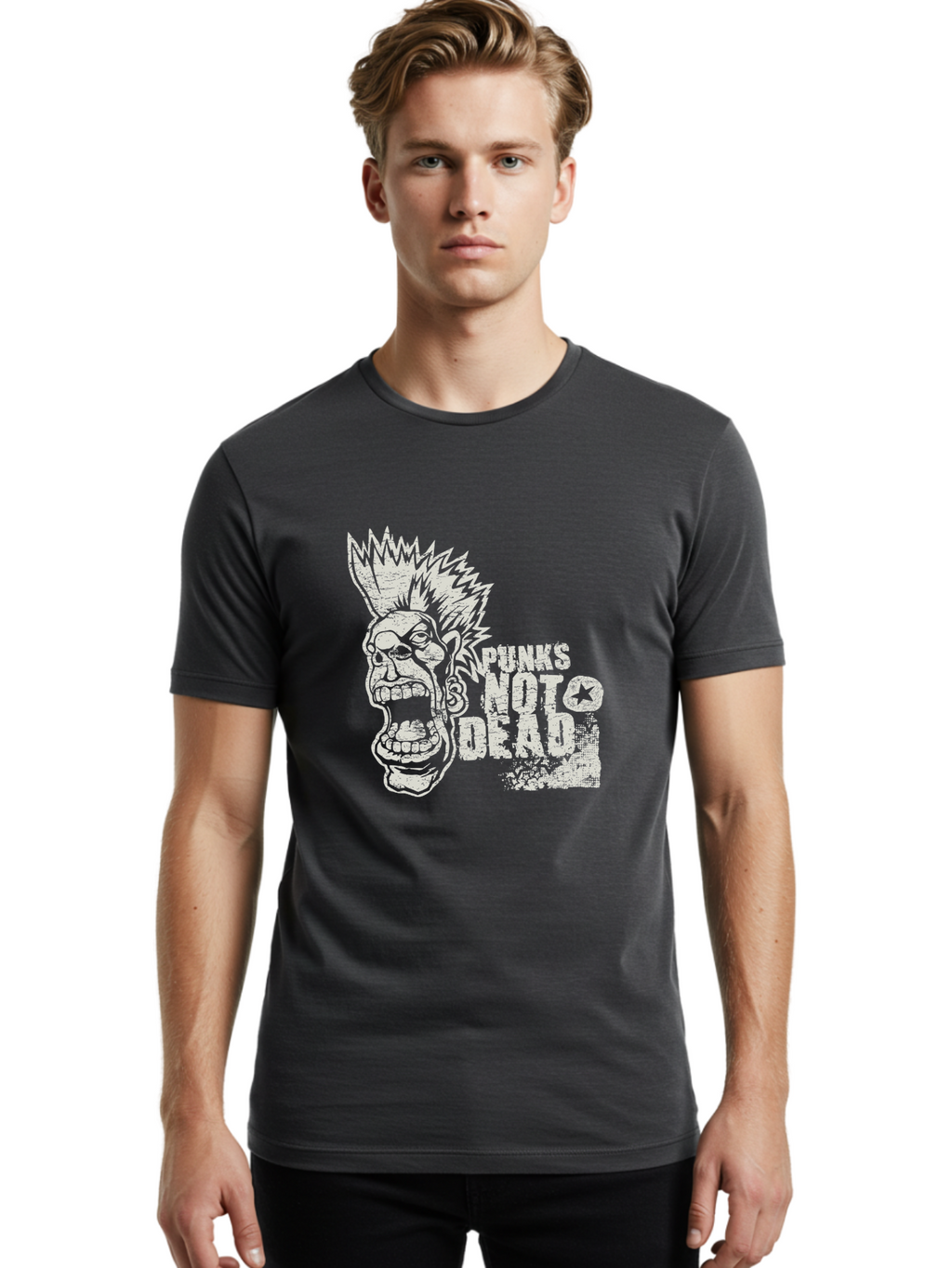 Punks-Not-Dead Men'S Graphic Tee, 100% Cotton, Comfortable Casual Summer Wear, Machine Washable, Punk Rock Illustration, Mohawk Hairstyle, Screaming Face, Punk Not Dead Slogan, Bold Typography, Punk Rebellion, Grunge Aesthetic, Aab970