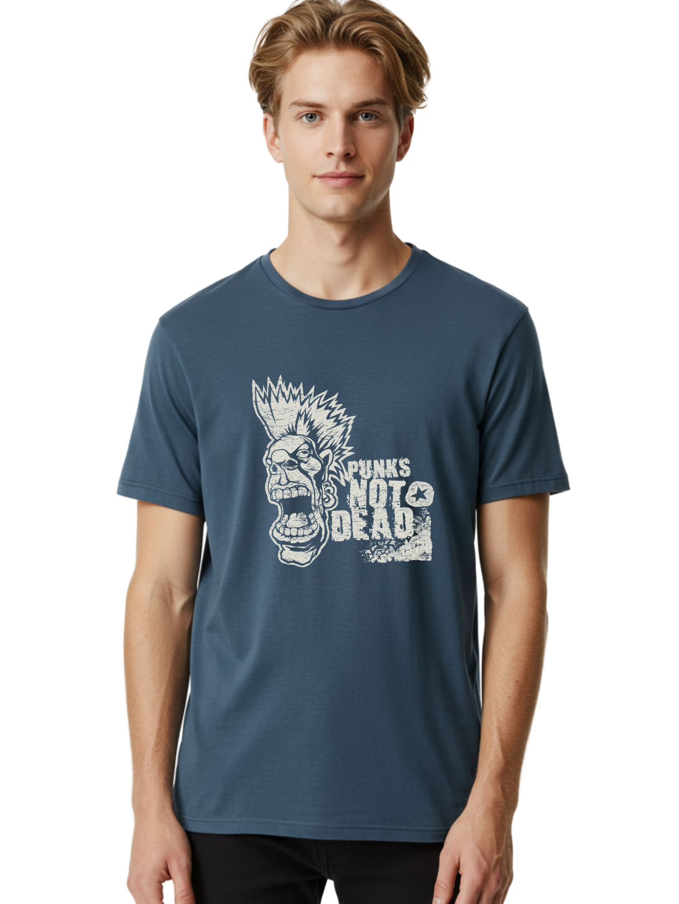 Punks-Not-Dead Men'S Graphic Tee, 100% Cotton, Comfortable Casual Summer Wear, Machine Washable, Punk Rock Illustration, Mohawk Hairstyle, Screaming Face, Punk Not Dead Slogan, Bold Typography, Punk Rebellion, Grunge Aesthetic, Aab970