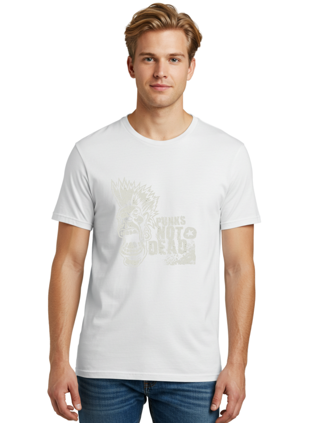 Punks-Not-Dead Men'S Graphic Tee, 100% Cotton, Comfortable Casual Summer Wear, Machine Washable, Punk Rock Illustration, Mohawk Hairstyle, Screaming Face, Punk Not Dead Slogan, Bold Typography, Punk Rebellion, Grunge Aesthetic, Aab970