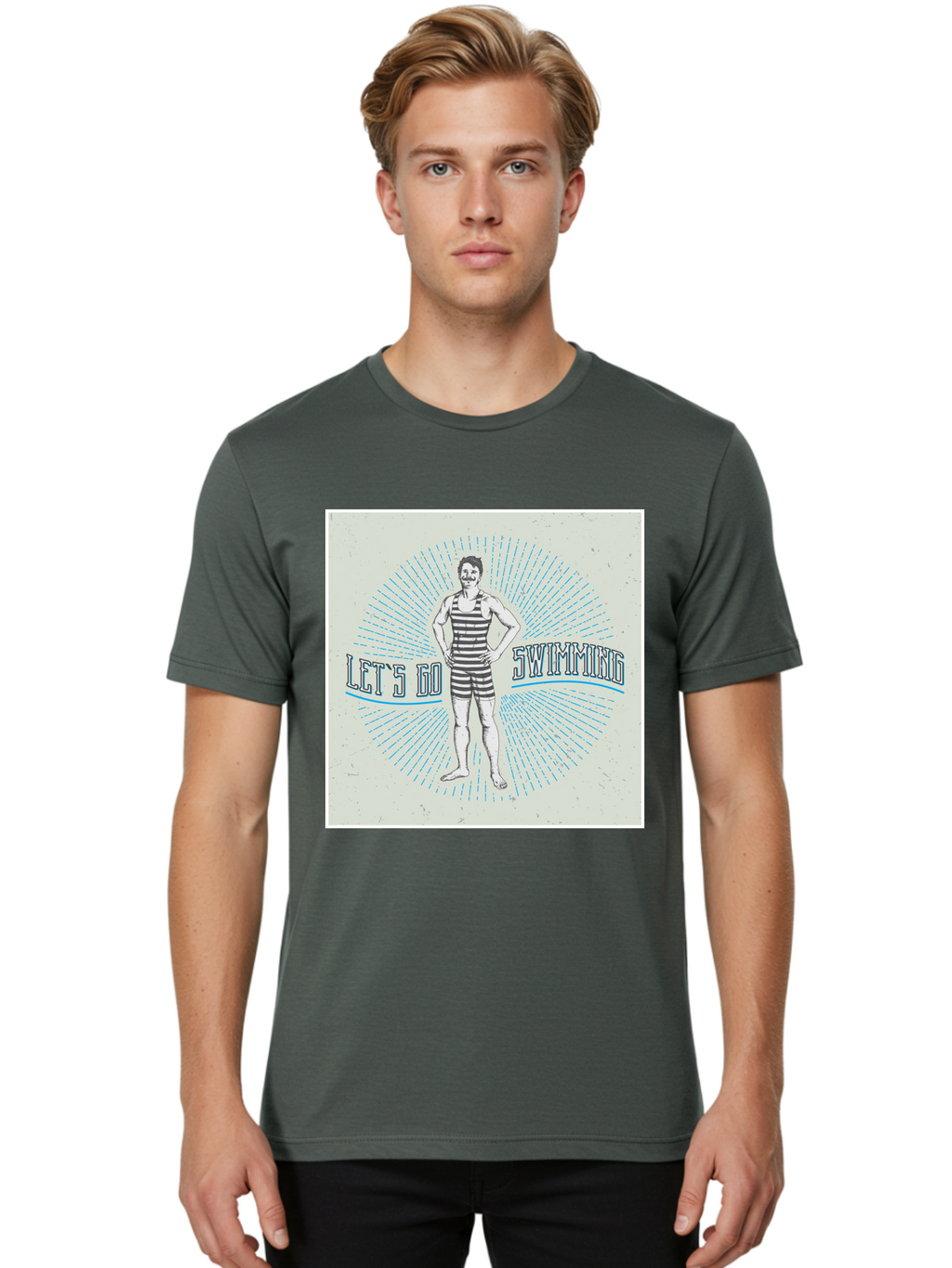 Let-S-Go-Swimming Men'S Graphic Tee, 100% Cotton, Comfortable Casual Summer Wear, Machine Washable, Vintage Swimmer, Retro Style, Black And White Stripes, Swimming Costume, Aquatic Activities, Water Sports, Nostalgic Design, Classic Swimwear, Aab973