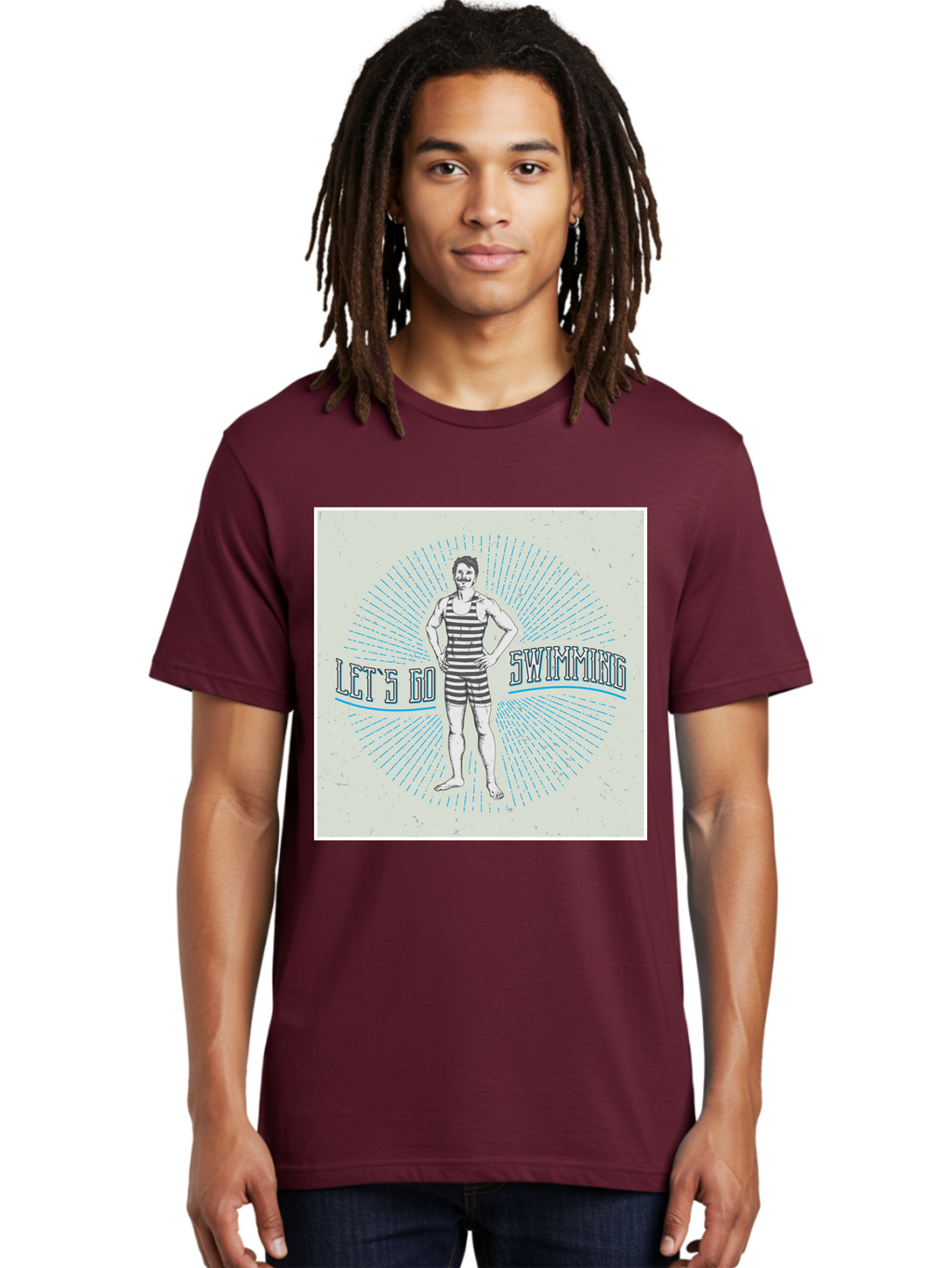 Let-S-Go-Swimming Men'S Graphic Tee, 100% Cotton, Comfortable Casual Summer Wear, Machine Washable, Vintage Swimmer, Retro Style, Black And White Stripes, Swimming Costume, Aquatic Activities, Water Sports, Nostalgic Design, Classic Swimwear, Aab973