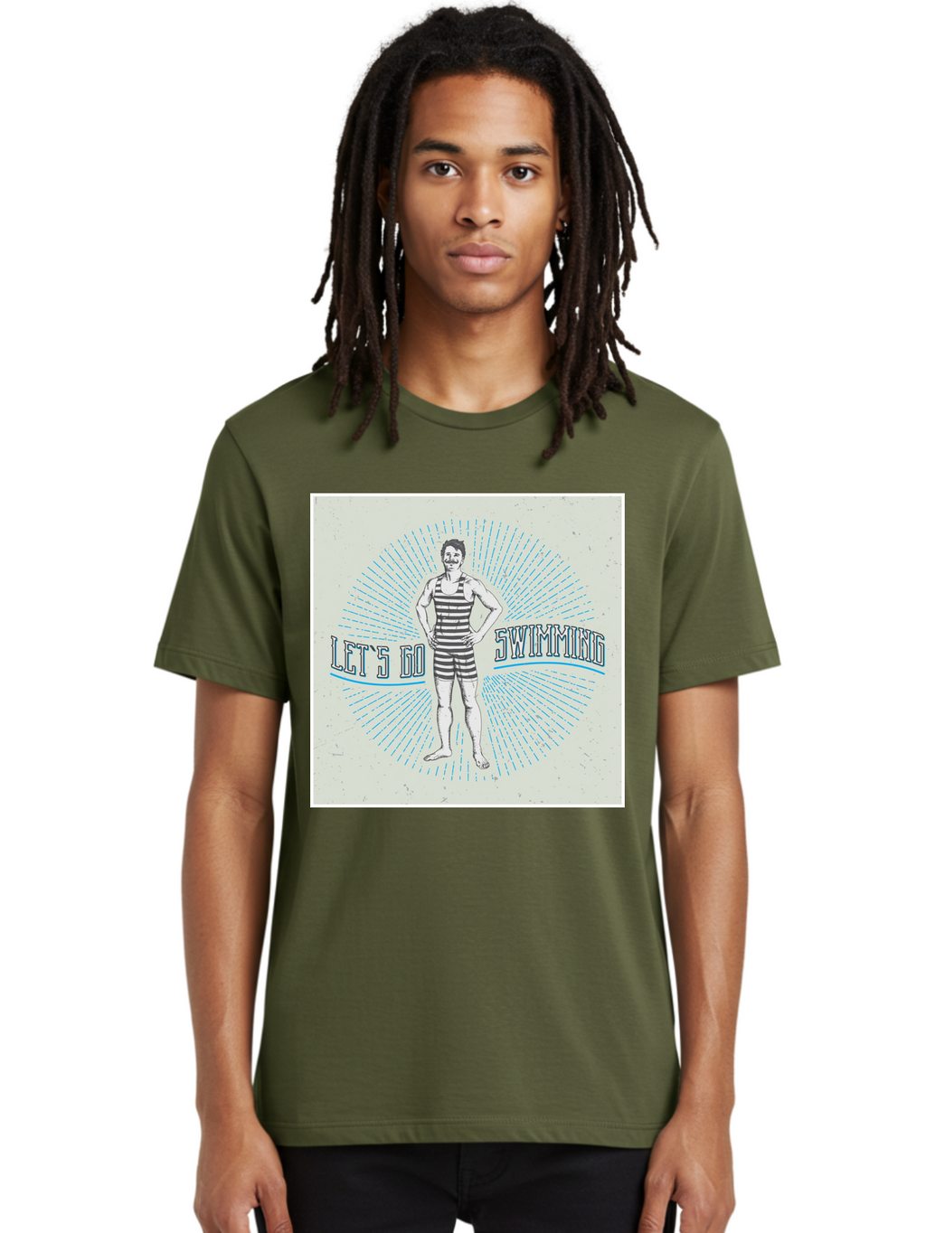 Let-S-Go-Swimming Men'S Graphic Tee, 100% Cotton, Comfortable Casual Summer Wear, Machine Washable, Vintage Swimmer, Retro Style, Black And White Stripes, Swimming Costume, Aquatic Activities, Water Sports, Nostalgic Design, Classic Swimwear, Aab973