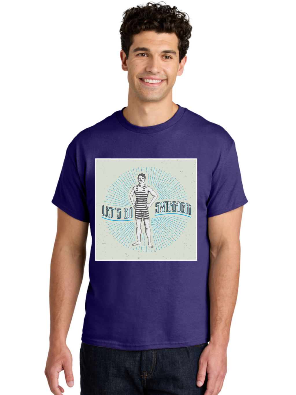 Let-S-Go-Swimming Men'S Graphic Tee, 100% Cotton, Comfortable Casual Summer Wear, Machine Washable, Vintage Swimmer, Retro Style, Black And White Stripes, Swimming Costume, Aquatic Activities, Water Sports, Nostalgic Design, Classic Swimwear, Aab973