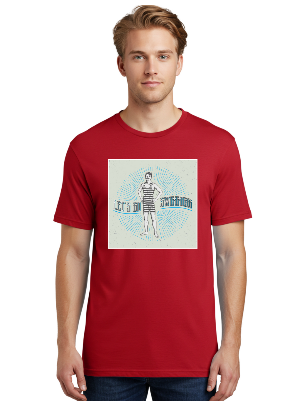 Let-S-Go-Swimming Men'S Graphic Tee, 100% Cotton, Comfortable Casual Summer Wear, Machine Washable, Vintage Swimmer, Retro Style, Black And White Stripes, Swimming Costume, Aquatic Activities, Water Sports, Nostalgic Design, Classic Swimwear, Aab973
