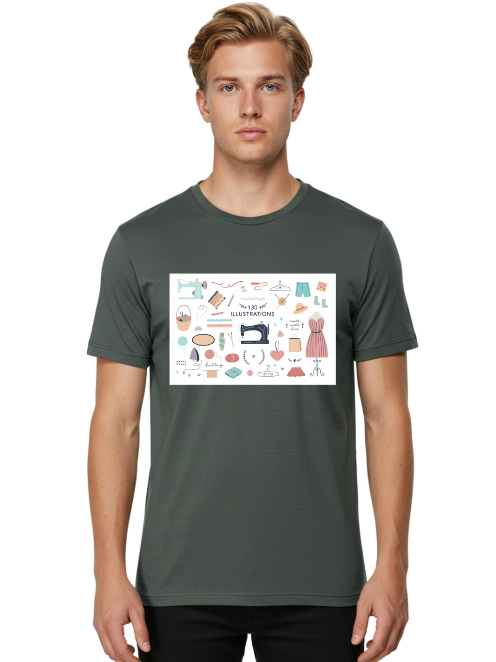 130-Illustrations Men'S Graphic Tee, 100% Cotton, Comfortable Casual Summer Wear, Machine Washable, Sewing Machine, Knitting Needles, Thread, Scissors, Clothes Hangers, Fashion Accessories, Diy Crafts, Handmade Clothing, 130 Illustrations, Aab997