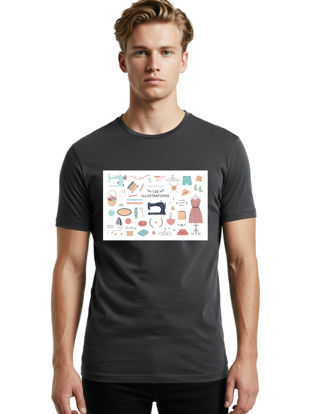 130-Illustrations Men'S Graphic Tee, 100% Cotton, Comfortable Casual Summer Wear, Machine Washable, Sewing Machine, Knitting Needles, Thread, Scissors, Clothes Hangers, Fashion Accessories, Diy Crafts, Handmade Clothing, 130 Illustrations, Aab997
