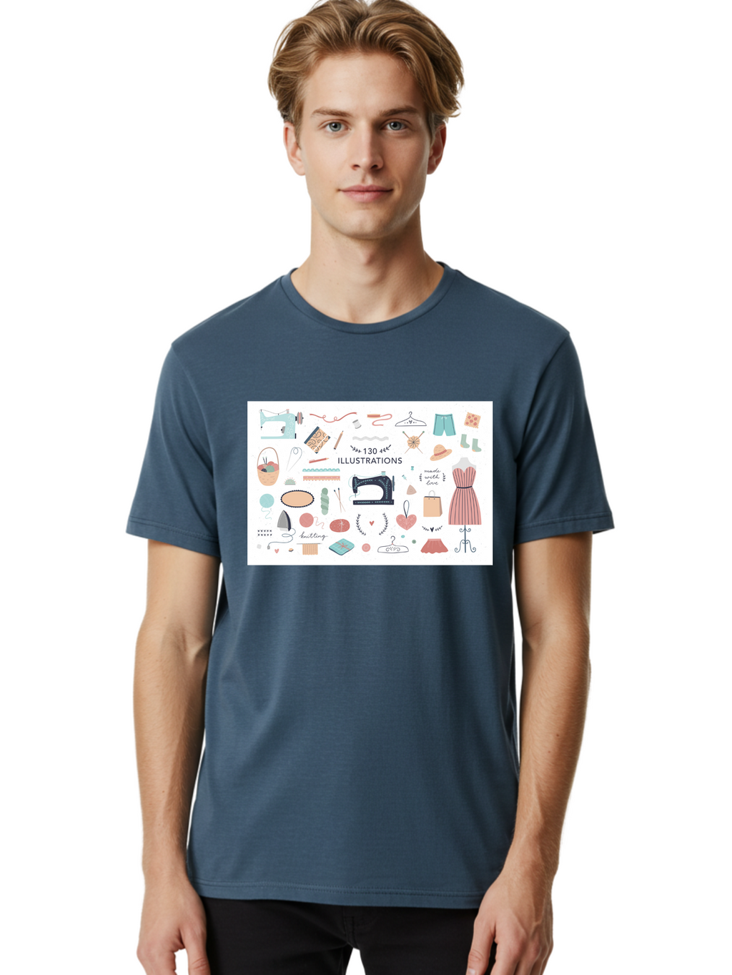 130-Illustrations Men'S Graphic Tee, 100% Cotton, Comfortable Casual Summer Wear, Machine Washable, Sewing Machine, Knitting Needles, Thread, Scissors, Clothes Hangers, Fashion Accessories, Diy Crafts, Handmade Clothing, 130 Illustrations, Aab997