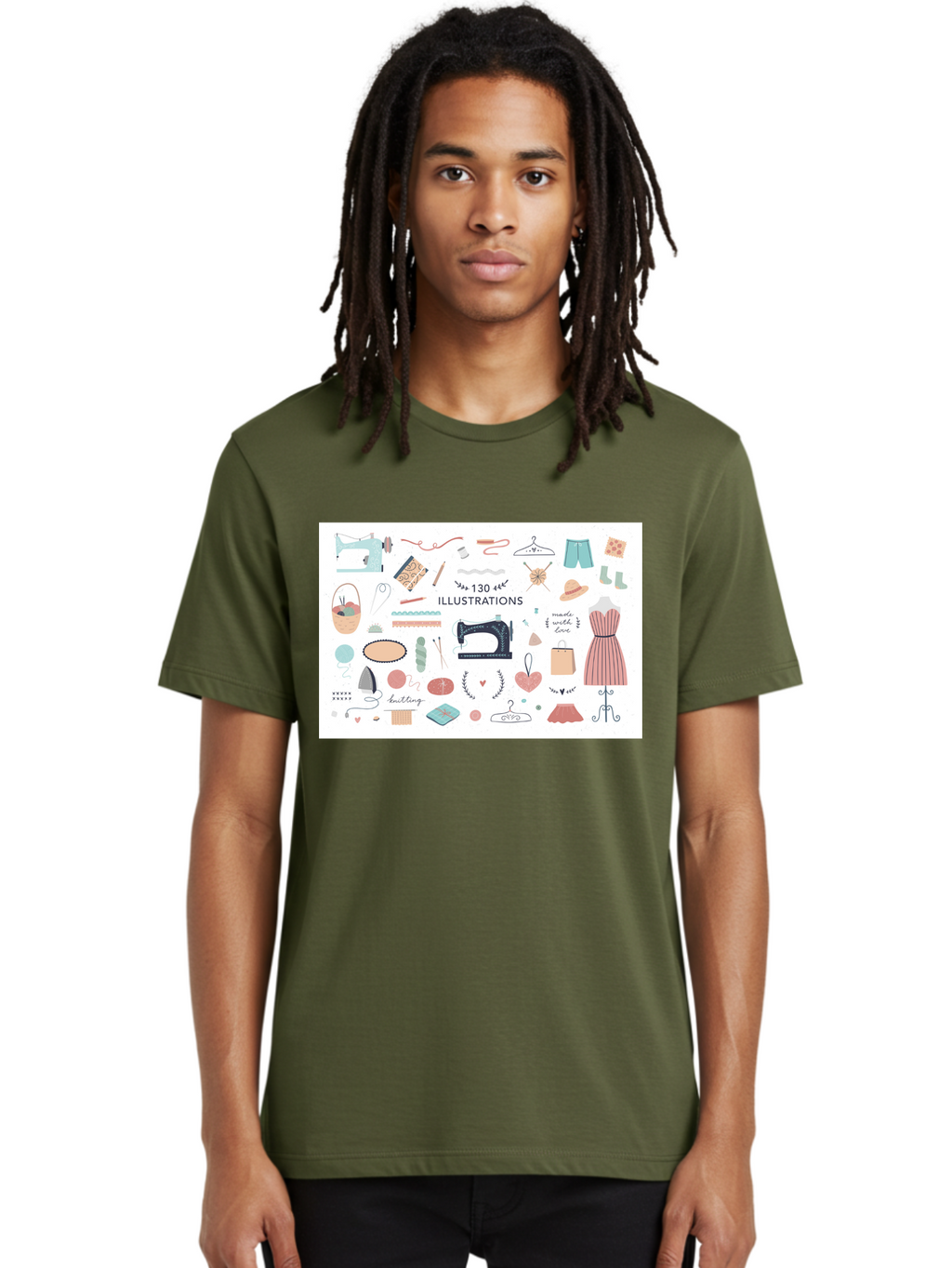 130-Illustrations Men'S Graphic Tee, 100% Cotton, Comfortable Casual Summer Wear, Machine Washable, Sewing Machine, Knitting Needles, Thread, Scissors, Clothes Hangers, Fashion Accessories, Diy Crafts, Handmade Clothing, 130 Illustrations, Aab997