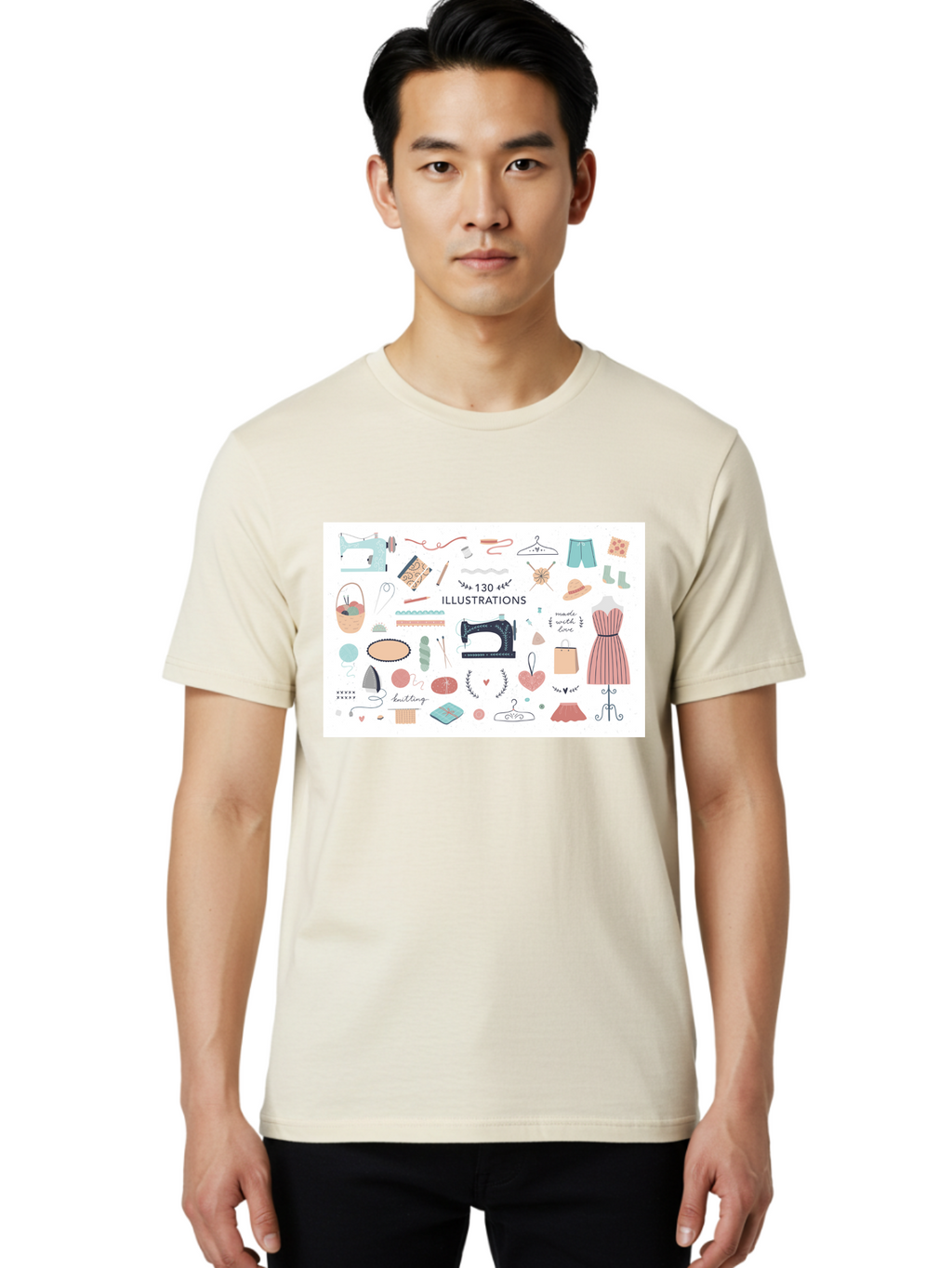 130-Illustrations Men'S Graphic Tee, 100% Cotton, Comfortable Casual Summer Wear, Machine Washable, Sewing Machine, Knitting Needles, Thread, Scissors, Clothes Hangers, Fashion Accessories, Diy Crafts, Handmade Clothing, 130 Illustrations, Aab997