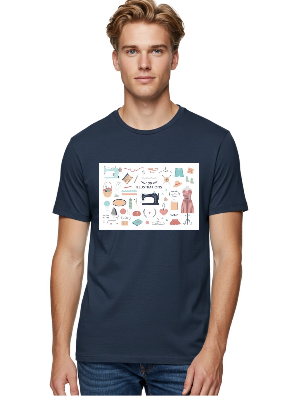 130-Illustrations Men'S Graphic Tee, 100% Cotton, Comfortable Casual Summer Wear, Machine Washable, Sewing Machine, Knitting Needles, Thread, Scissors, Clothes Hangers, Fashion Accessories, Diy Crafts, Handmade Clothing, 130 Illustrations, Aab997