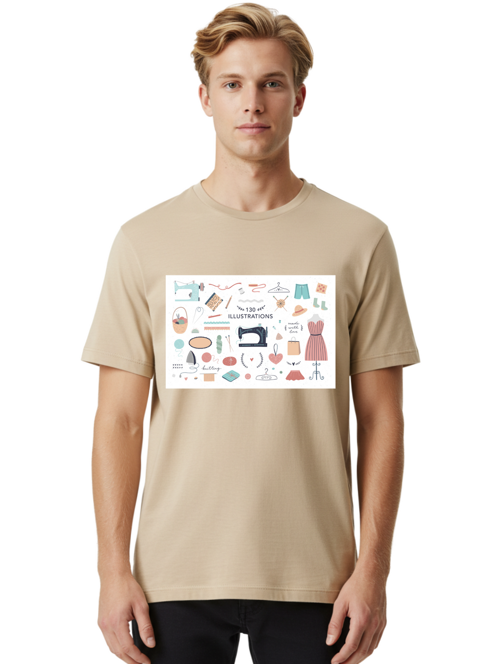 130-Illustrations Men'S Graphic Tee, 100% Cotton, Comfortable Casual Summer Wear, Machine Washable, Sewing Machine, Knitting Needles, Thread, Scissors, Clothes Hangers, Fashion Accessories, Diy Crafts, Handmade Clothing, 130 Illustrations, Aab997