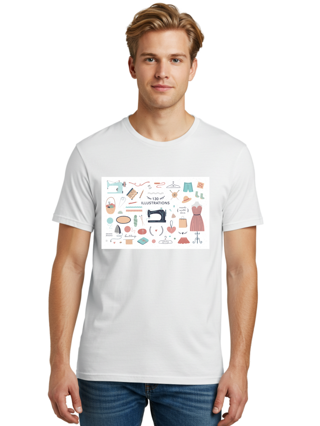 130-Illustrations Men'S Graphic Tee, 100% Cotton, Comfortable Casual Summer Wear, Machine Washable, Sewing Machine, Knitting Needles, Thread, Scissors, Clothes Hangers, Fashion Accessories, Diy Crafts, Handmade Clothing, 130 Illustrations, Aab997