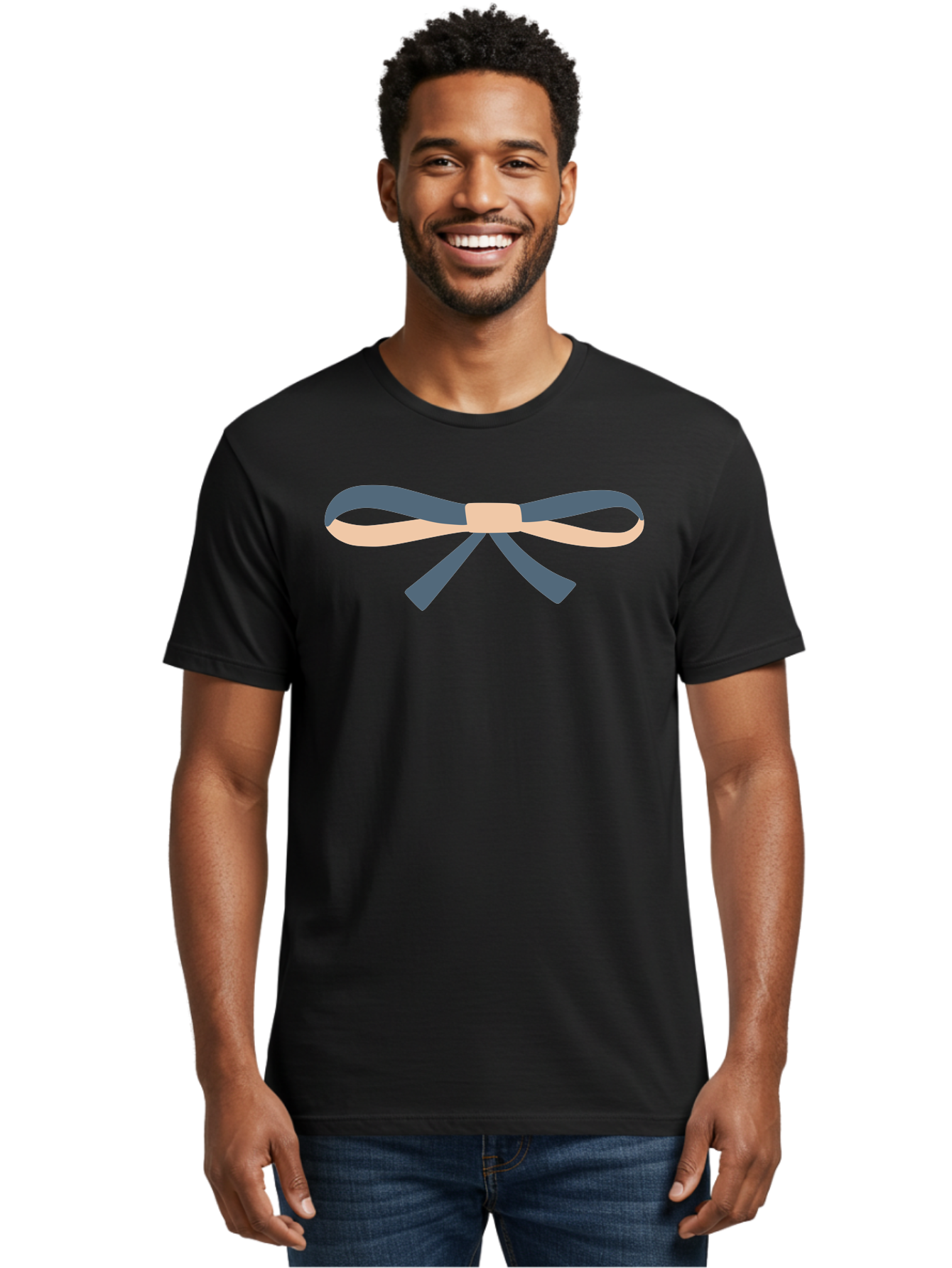Blue-And-Beige-Bow Men'S Graphic Tee, 100% Cotton, Comfortable Casual Summer Wear, Machine Washable, Gift Wrapping, Decorative Ribbon, Bow Tie, Gift Decoration, Elegant Design, Stylish Presentation, Grey And Beige Ribbon Aac002