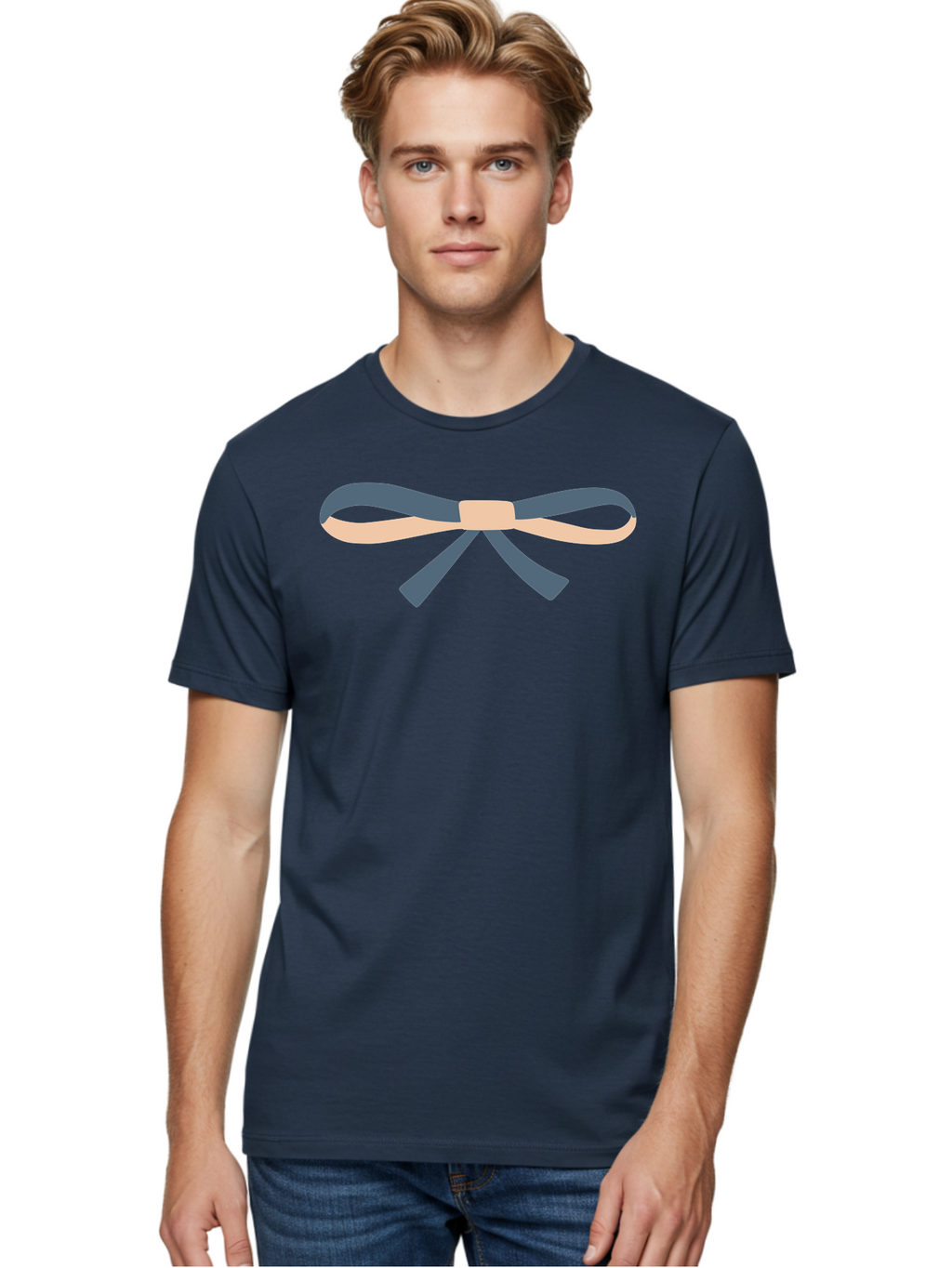 Blue-And-Beige-Bow Men'S Graphic Tee, 100% Cotton, Comfortable Casual Summer Wear, Machine Washable, Gift Wrapping, Decorative Ribbon, Bow Tie, Gift Decoration, Elegant Design, Stylish Presentation, Grey And Beige Ribbon Aac002