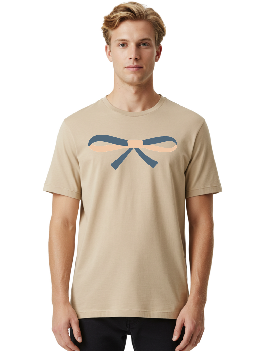 Blue-And-Beige-Bow Men'S Graphic Tee, 100% Cotton, Comfortable Casual Summer Wear, Machine Washable, Gift Wrapping, Decorative Ribbon, Bow Tie, Gift Decoration, Elegant Design, Stylish Presentation, Grey And Beige Ribbon Aac002
