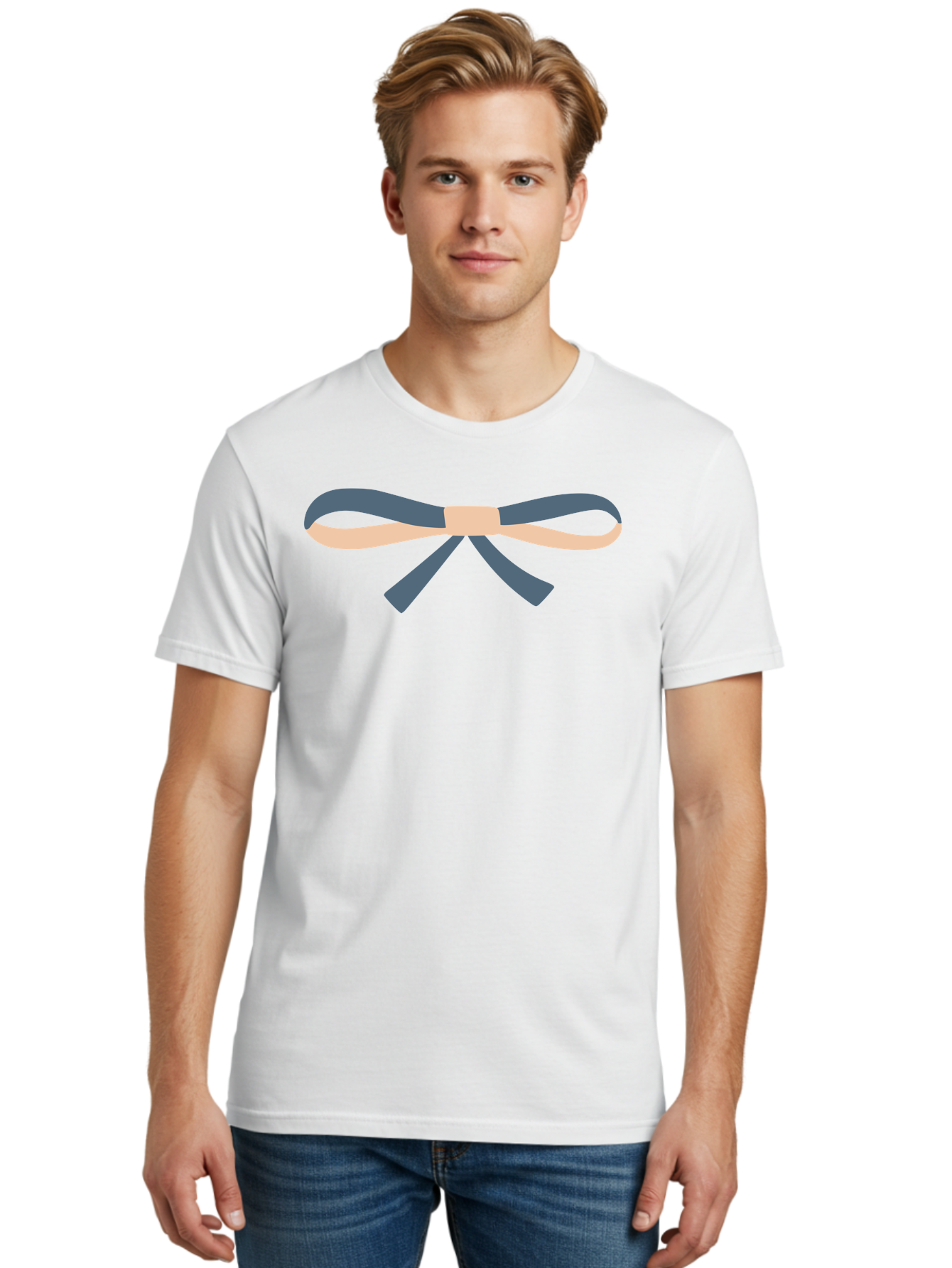 Blue-And-Beige-Bow Men'S Graphic Tee, 100% Cotton, Comfortable Casual Summer Wear, Machine Washable, Gift Wrapping, Decorative Ribbon, Bow Tie, Gift Decoration, Elegant Design, Stylish Presentation, Grey And Beige Ribbon Aac002