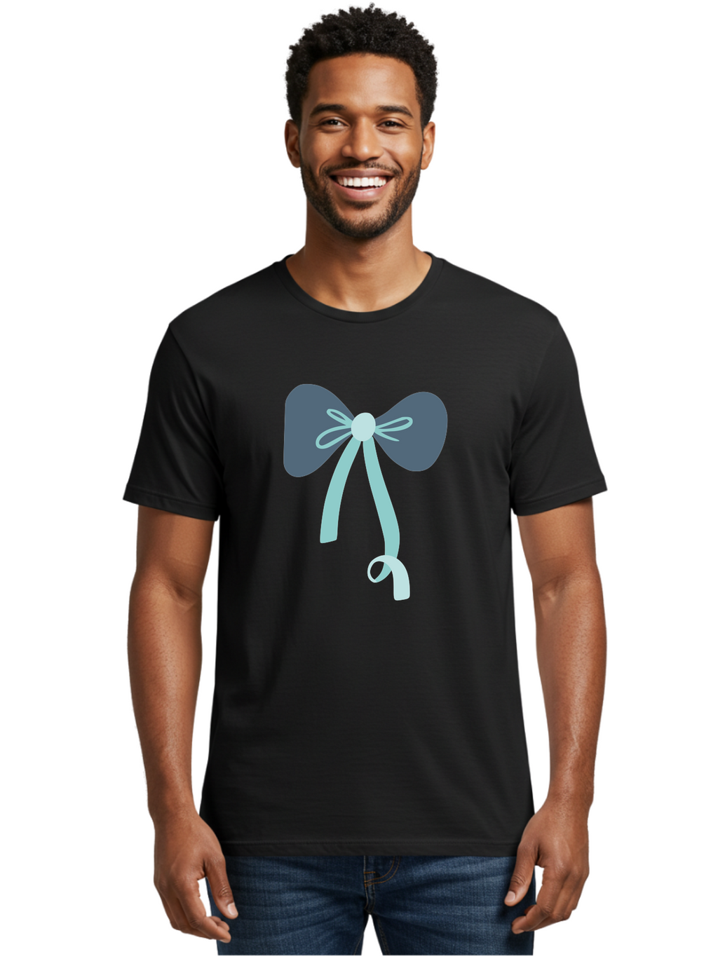 Bow-Ribbon Men'S Graphic Tee, 100% Cotton, Comfortable Casual Summer Wear, Machine Washable, Grey Bow, Blue Ribbon, Decorative Bow, Elegant Design, Stylish Accessory, Fashion Embellishment, Gift Wrapping, Party Decoration Aac004