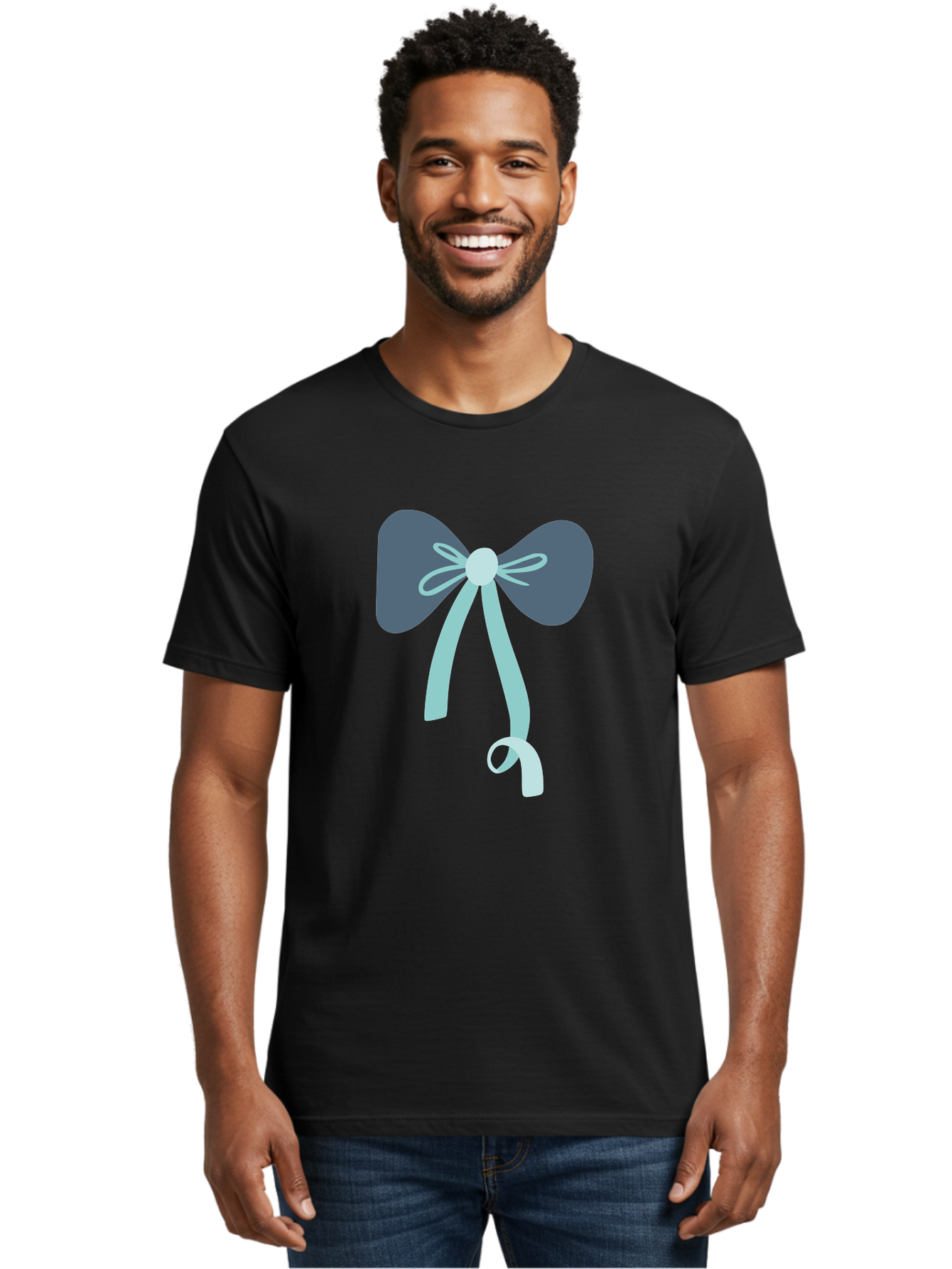 Bow-Ribbon Men'S Graphic Tee, 100% Cotton, Comfortable Casual Summer Wear, Machine Washable, Grey Bow, Blue Ribbon, Decorative Bow, Elegant Design, Stylish Accessory, Fashion Embellishment, Gift Wrapping, Party Decoration Aac004