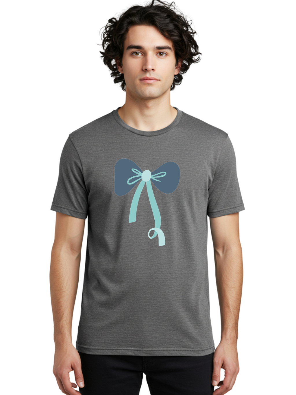 Bow-Ribbon Men'S Graphic Tee, 100% Cotton, Comfortable Casual Summer Wear, Machine Washable, Grey Bow, Blue Ribbon, Decorative Bow, Elegant Design, Stylish Accessory, Fashion Embellishment, Gift Wrapping, Party Decoration Aac004