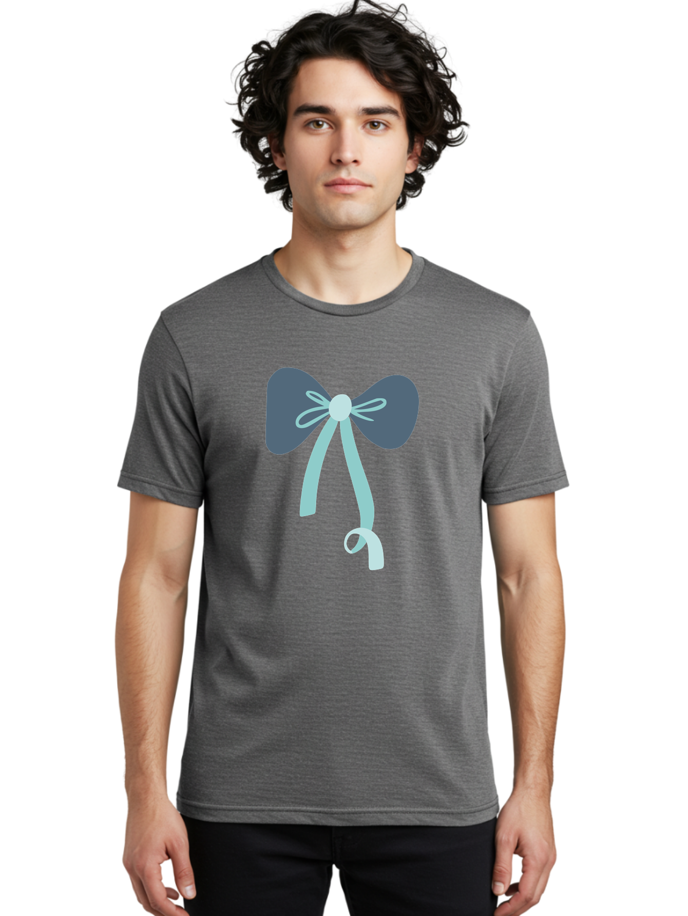 Bow-Ribbon Men'S Graphic Tee, 100% Cotton, Comfortable Casual Summer Wear, Machine Washable, Grey Bow, Blue Ribbon, Decorative Bow, Elegant Design, Stylish Accessory, Fashion Embellishment, Gift Wrapping, Party Decoration Aac004