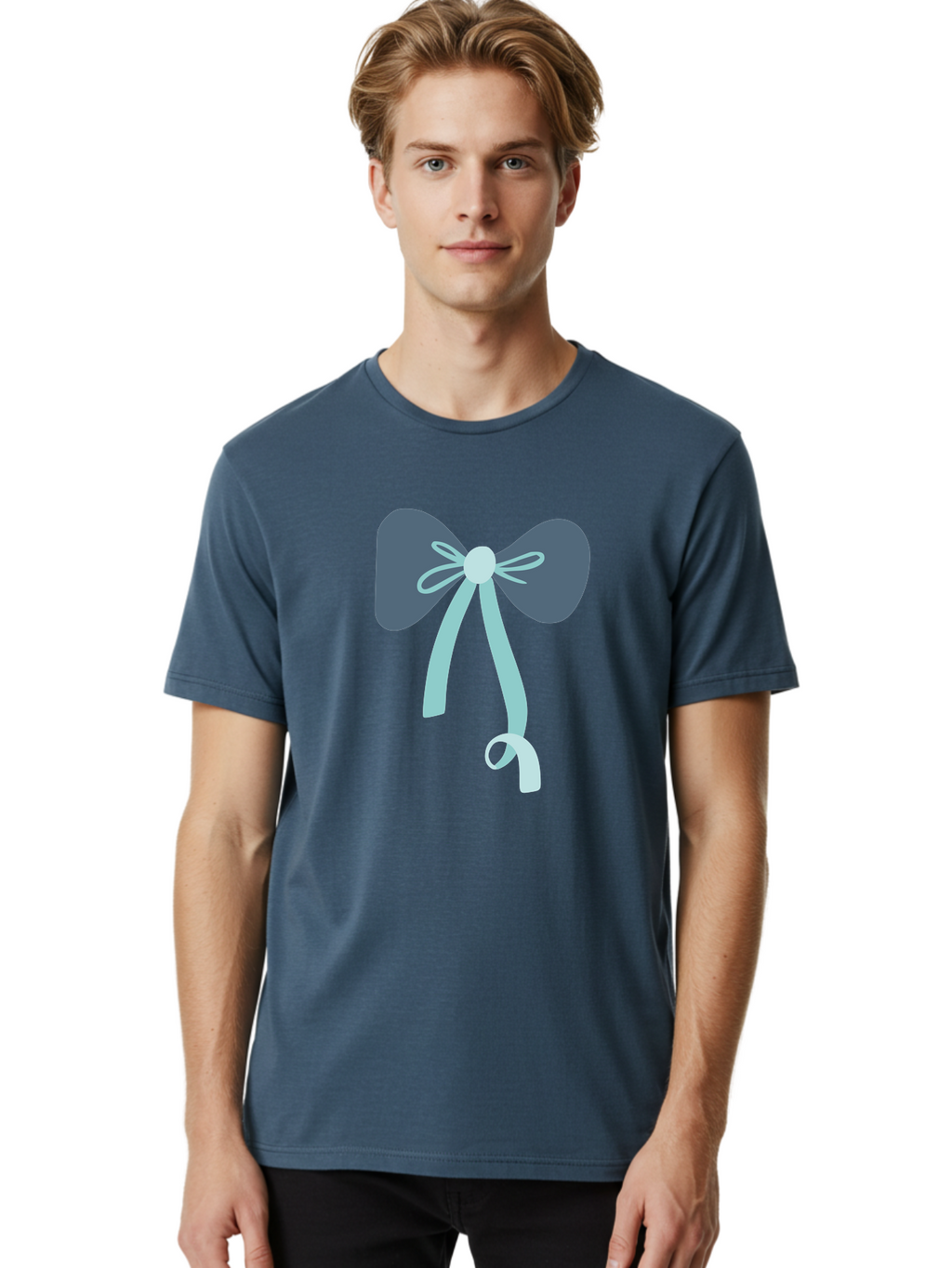 Bow-Ribbon Men'S Graphic Tee, 100% Cotton, Comfortable Casual Summer Wear, Machine Washable, Grey Bow, Blue Ribbon, Decorative Bow, Elegant Design, Stylish Accessory, Fashion Embellishment, Gift Wrapping, Party Decoration Aac004
