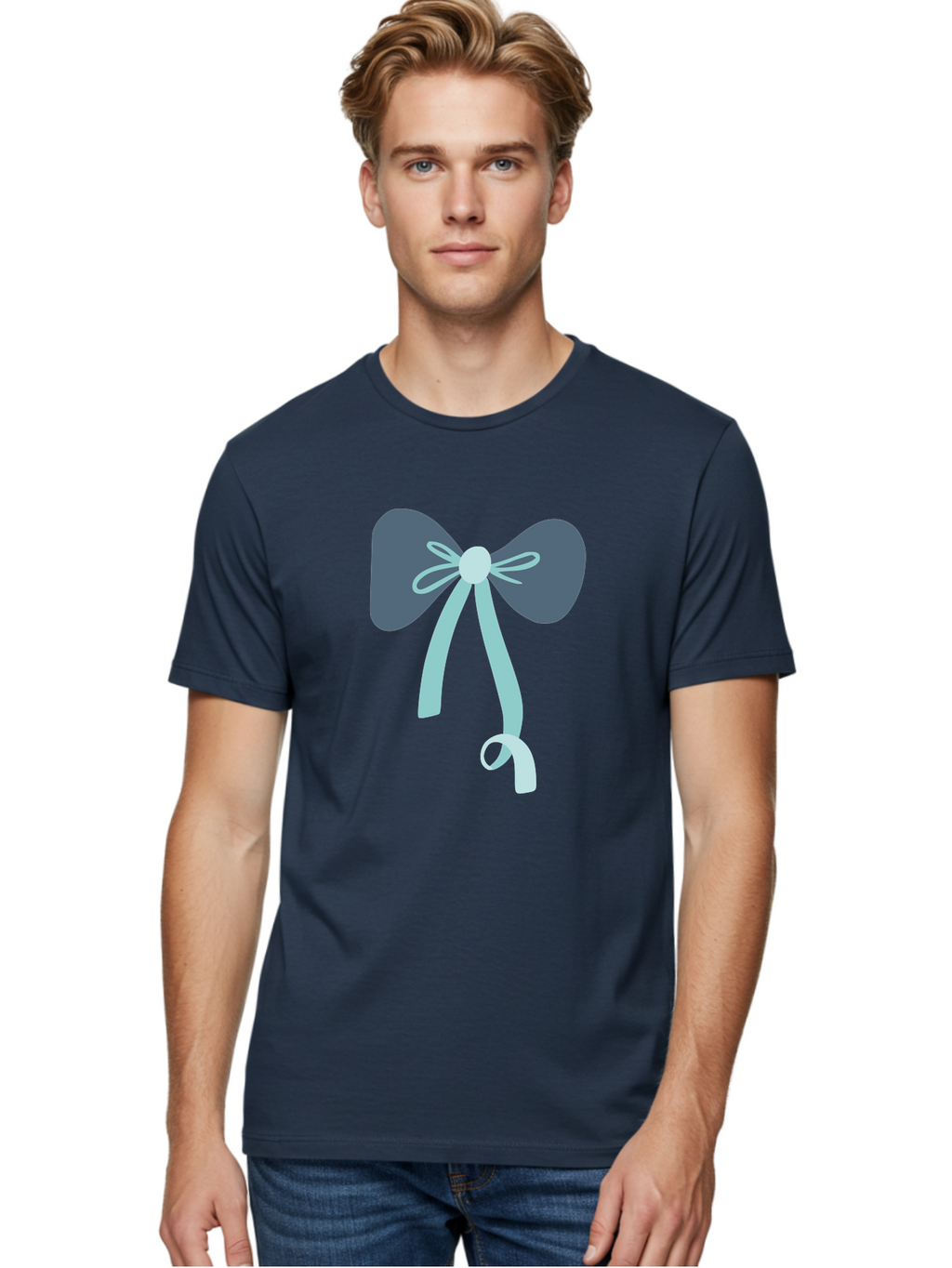 Bow-Ribbon Men'S Graphic Tee, 100% Cotton, Comfortable Casual Summer Wear, Machine Washable, Grey Bow, Blue Ribbon, Decorative Bow, Elegant Design, Stylish Accessory, Fashion Embellishment, Gift Wrapping, Party Decoration Aac004