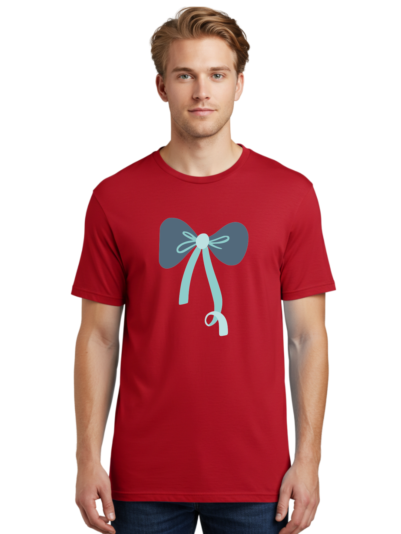Bow-Ribbon Men'S Graphic Tee, 100% Cotton, Comfortable Casual Summer Wear, Machine Washable, Grey Bow, Blue Ribbon, Decorative Bow, Elegant Design, Stylish Accessory, Fashion Embellishment, Gift Wrapping, Party Decoration Aac004