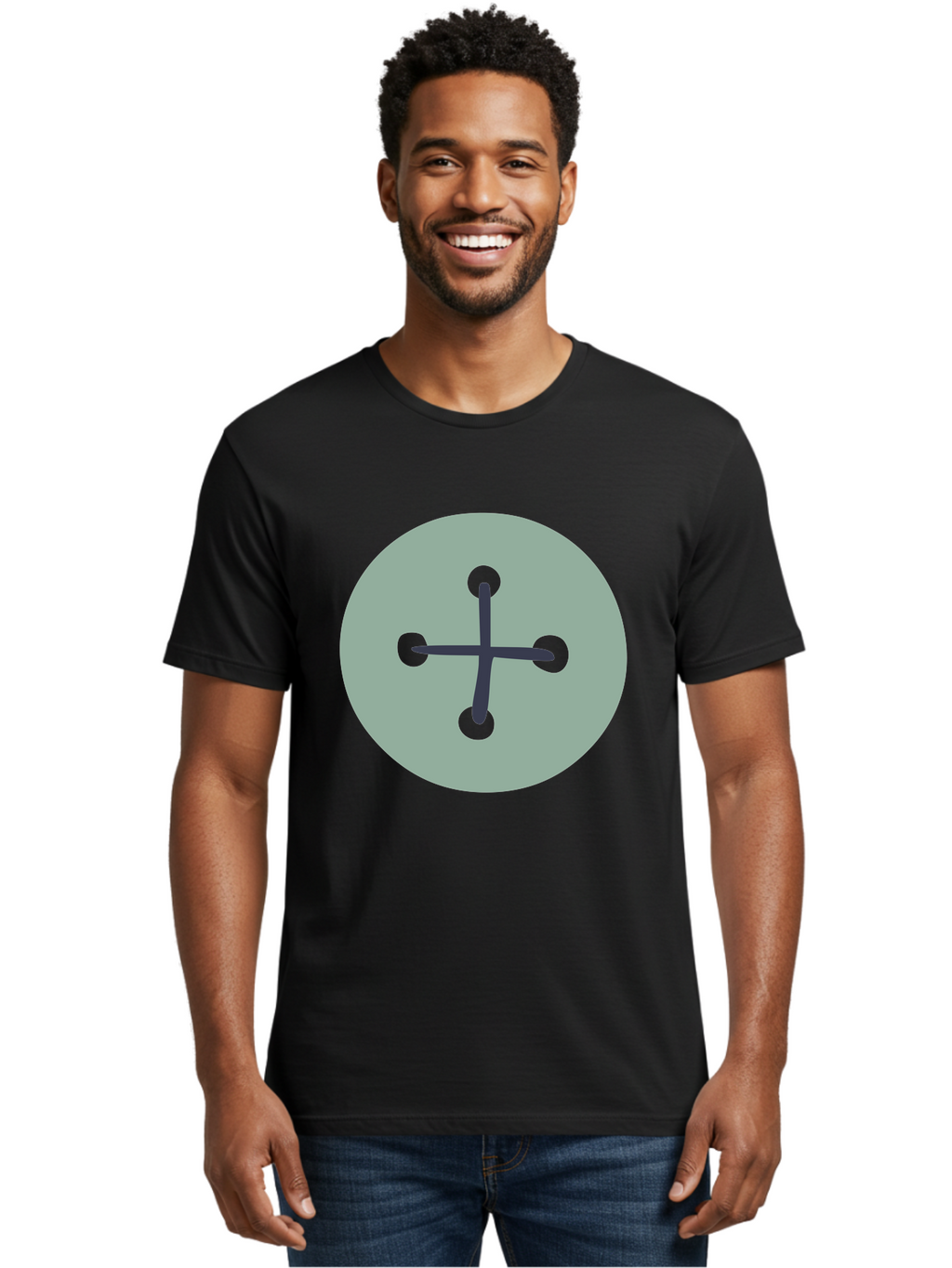 Button Men'S Graphic Tee, 100% Cotton, Comfortable Casual Summer Wear, Machine Washable, Dark Gray Plus Sign, Gray Circle, Green Dots, Simple Graphic, Minimalist Design, Geometric Shape, Abstract Art Aac005