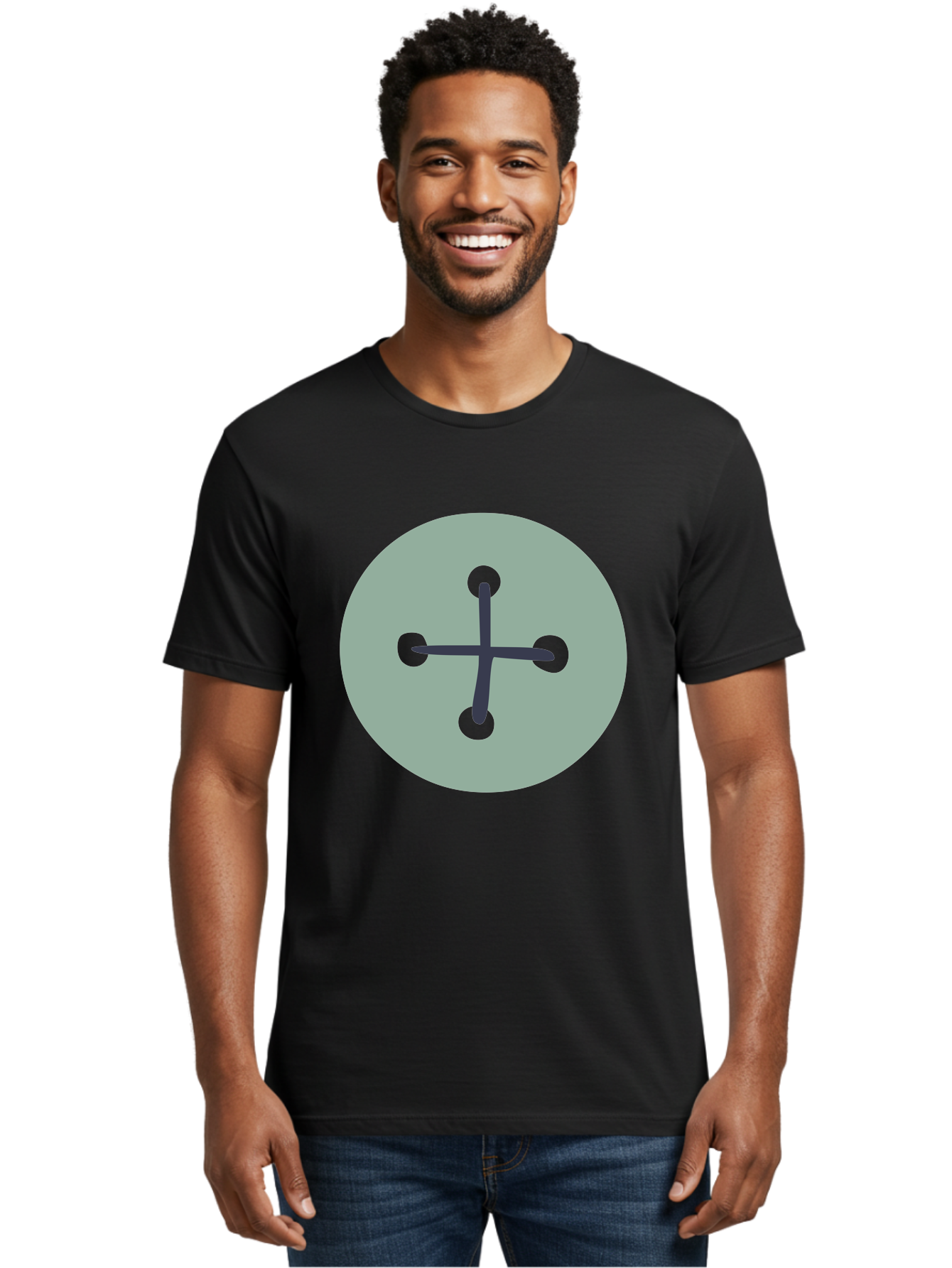 Button Men'S Graphic Tee, 100% Cotton, Comfortable Casual Summer Wear, Machine Washable, Dark Gray Plus Sign, Gray Circle, Green Dots, Simple Graphic, Minimalist Design, Geometric Shape, Abstract Art Aac005