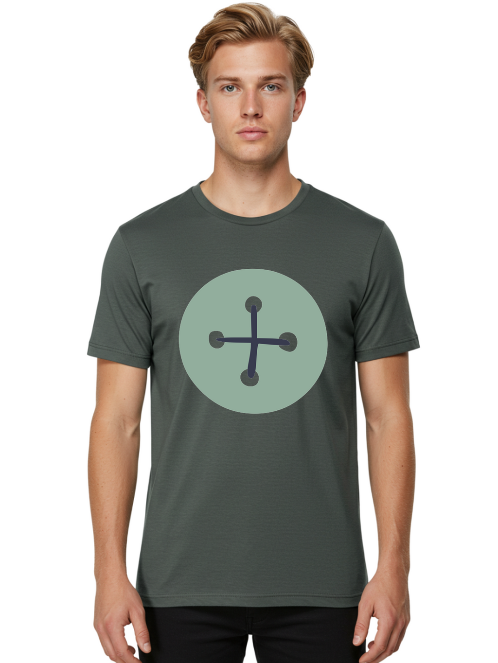 Button Men'S Graphic Tee, 100% Cotton, Comfortable Casual Summer Wear, Machine Washable, Dark Gray Plus Sign, Gray Circle, Green Dots, Simple Graphic, Minimalist Design, Geometric Shape, Abstract Art Aac005
