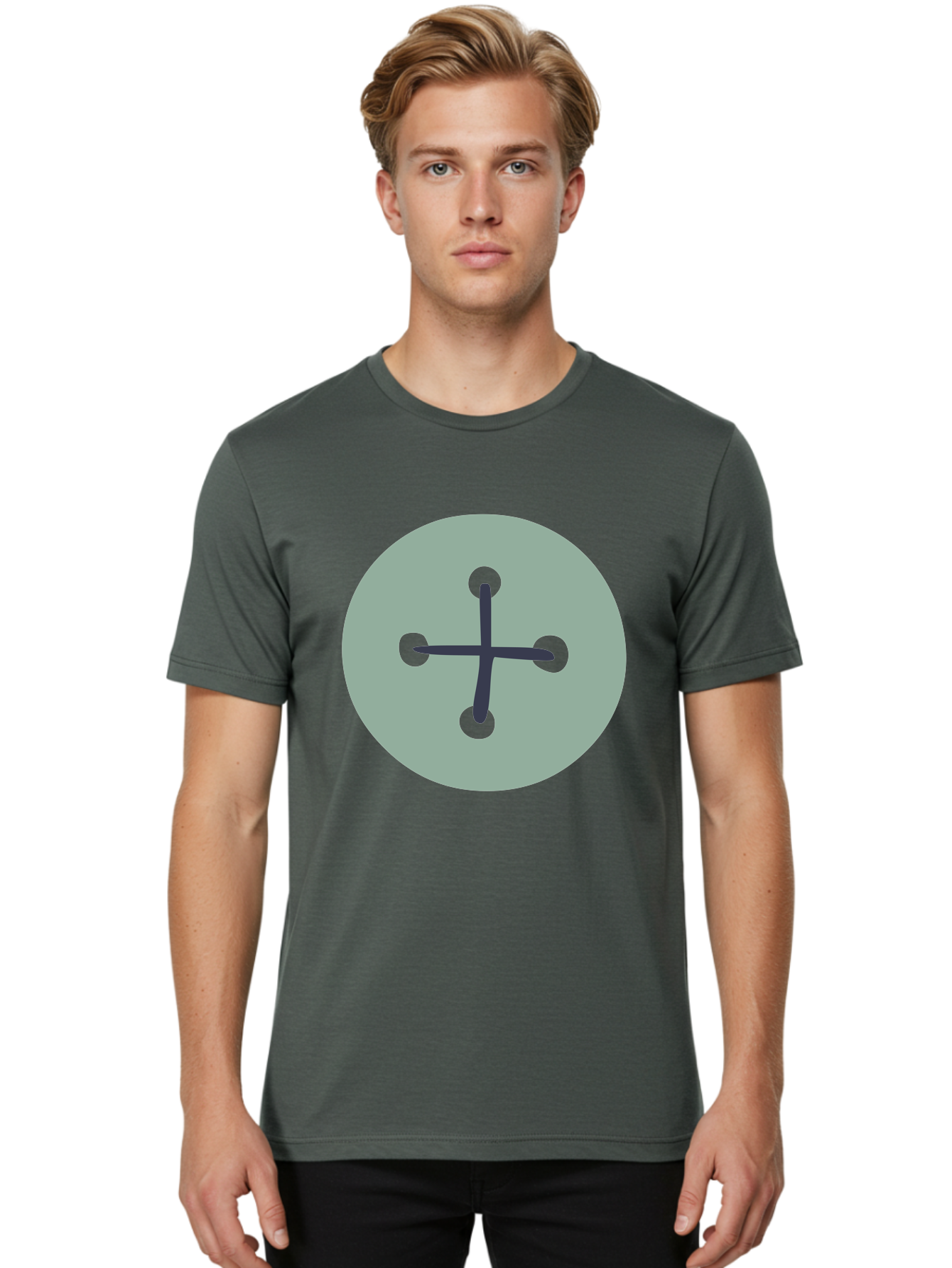 Button Men'S Graphic Tee, 100% Cotton, Comfortable Casual Summer Wear, Machine Washable, Dark Gray Plus Sign, Gray Circle, Green Dots, Simple Graphic, Minimalist Design, Geometric Shape, Abstract Art Aac005