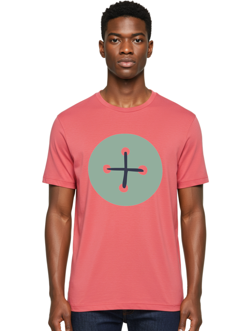 Button Men'S Graphic Tee, 100% Cotton, Comfortable Casual Summer Wear, Machine Washable, Dark Gray Plus Sign, Gray Circle, Green Dots, Simple Graphic, Minimalist Design, Geometric Shape, Abstract Art Aac005