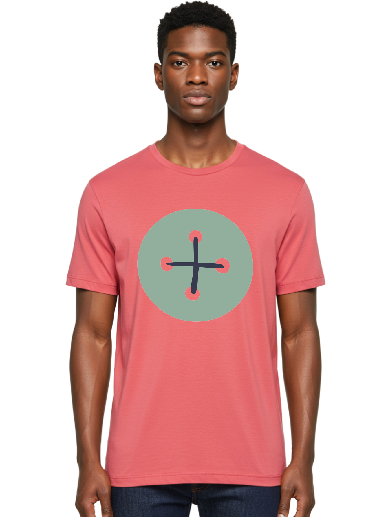 Button Men'S Graphic Tee, 100% Cotton, Comfortable Casual Summer Wear, Machine Washable, Dark Gray Plus Sign, Gray Circle, Green Dots, Simple Graphic, Minimalist Design, Geometric Shape, Abstract Art Aac005