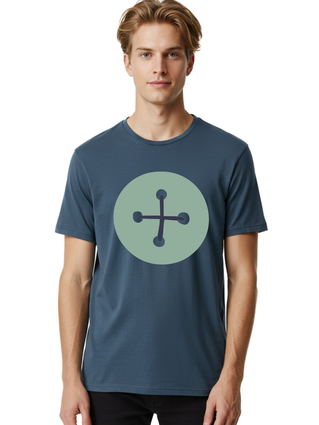 Button Men'S Graphic Tee, 100% Cotton, Comfortable Casual Summer Wear, Machine Washable, Dark Gray Plus Sign, Gray Circle, Green Dots, Simple Graphic, Minimalist Design, Geometric Shape, Abstract Art Aac005