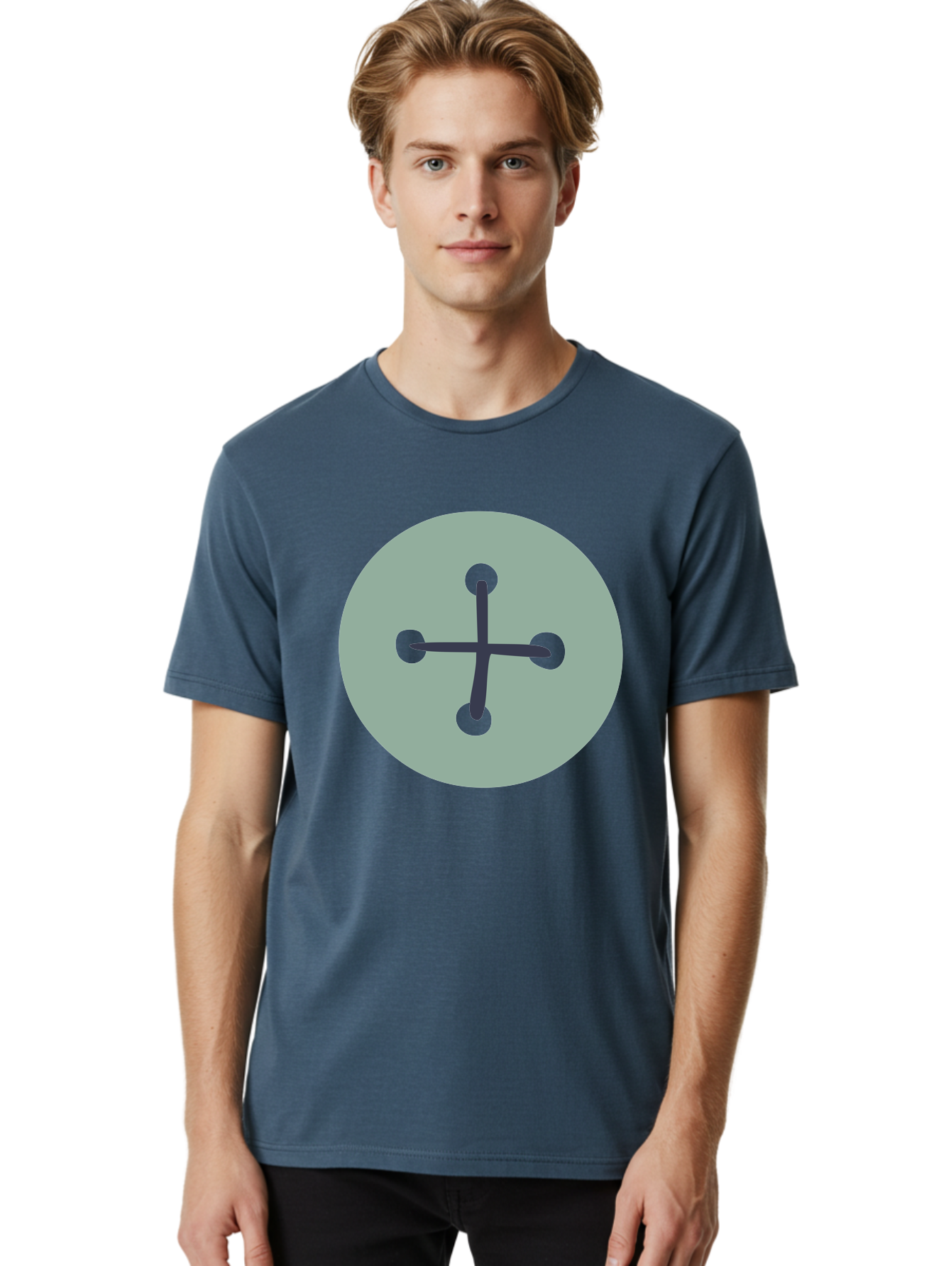 Button Men'S Graphic Tee, 100% Cotton, Comfortable Casual Summer Wear, Machine Washable, Dark Gray Plus Sign, Gray Circle, Green Dots, Simple Graphic, Minimalist Design, Geometric Shape, Abstract Art Aac005